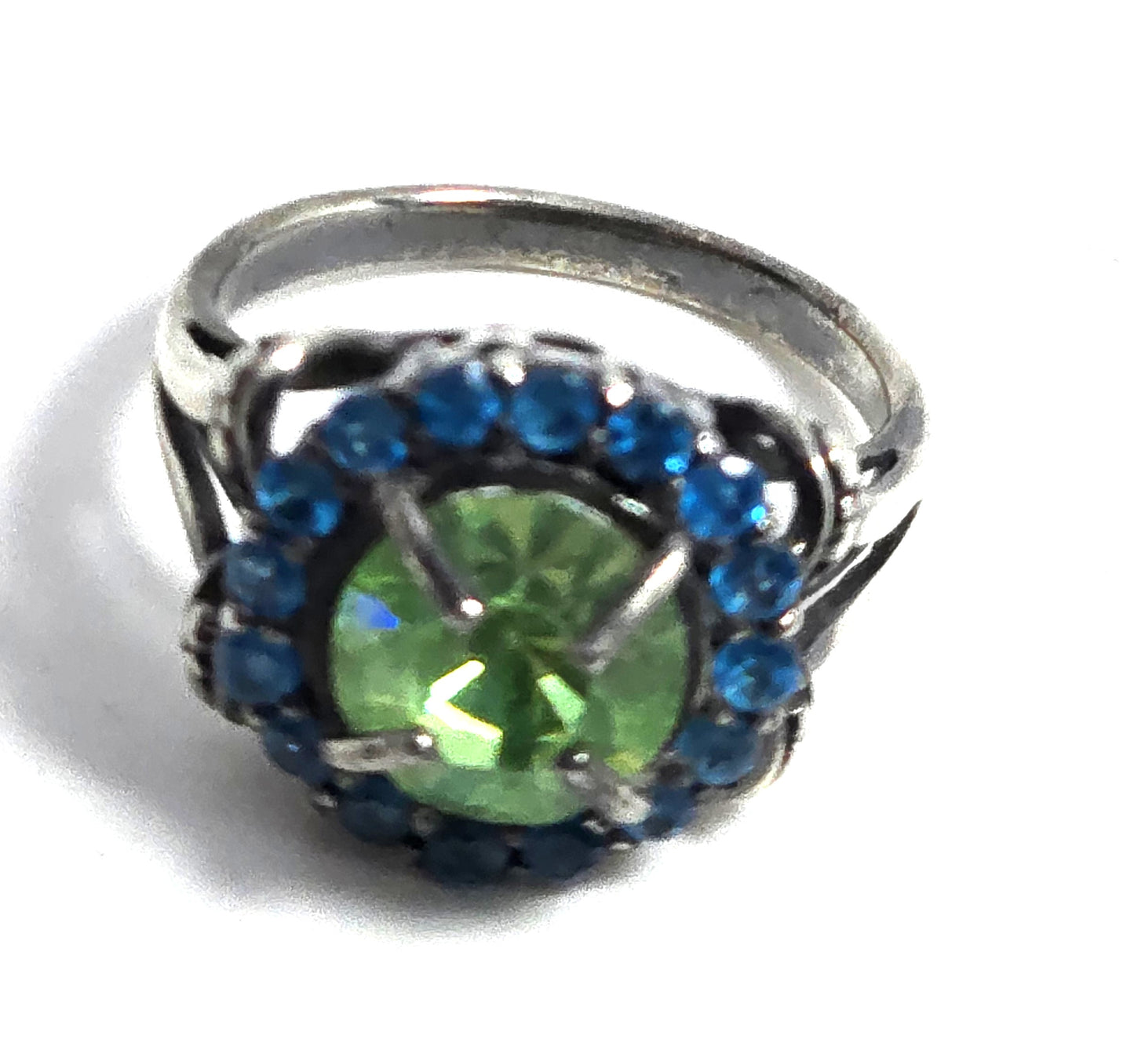 Uranium Glass UV glow blue rhinestone halo sterling silver KH ring size 6.5