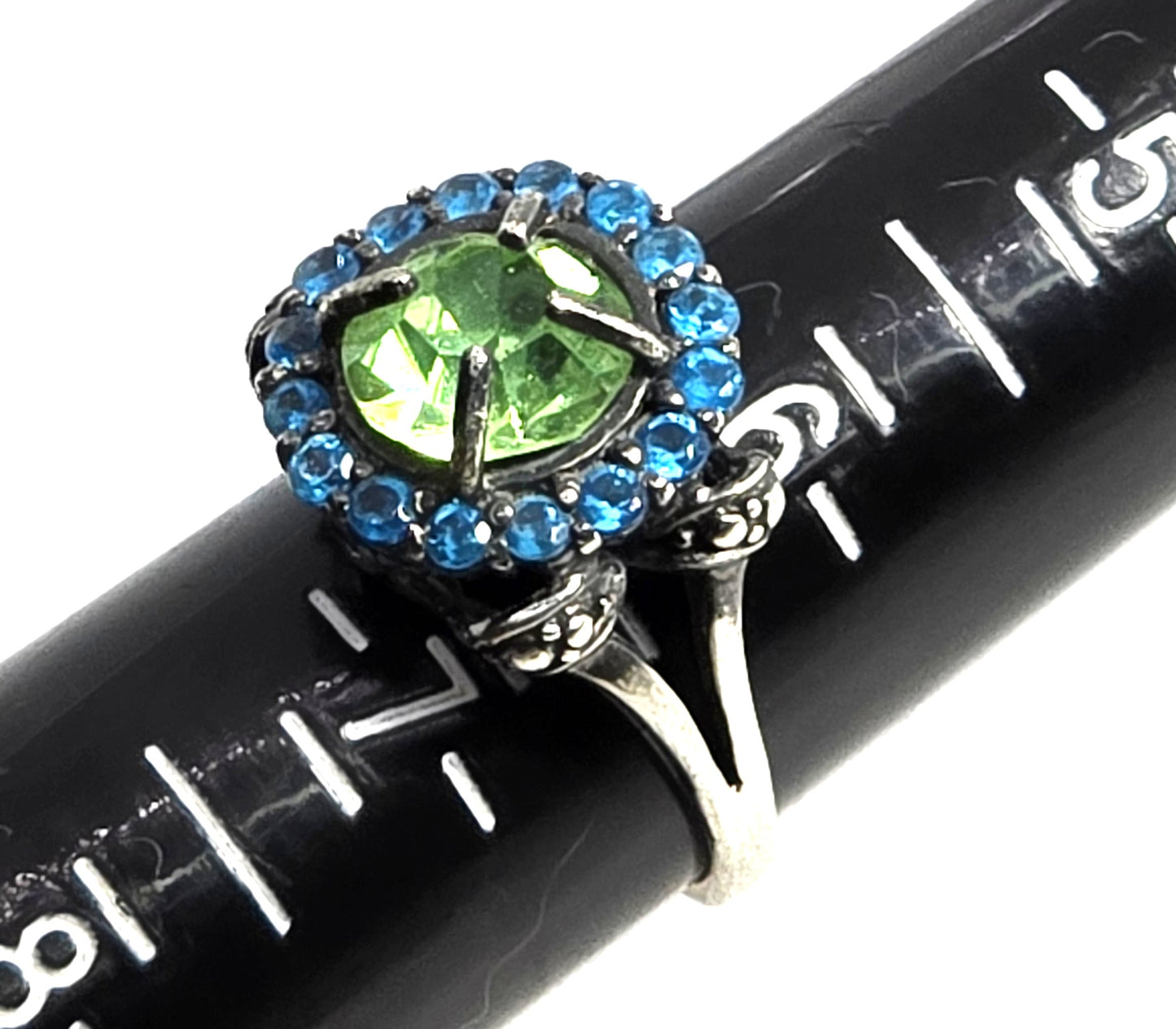 Uranium Glass UV glow blue rhinestone halo sterling silver KH ring size 6.5