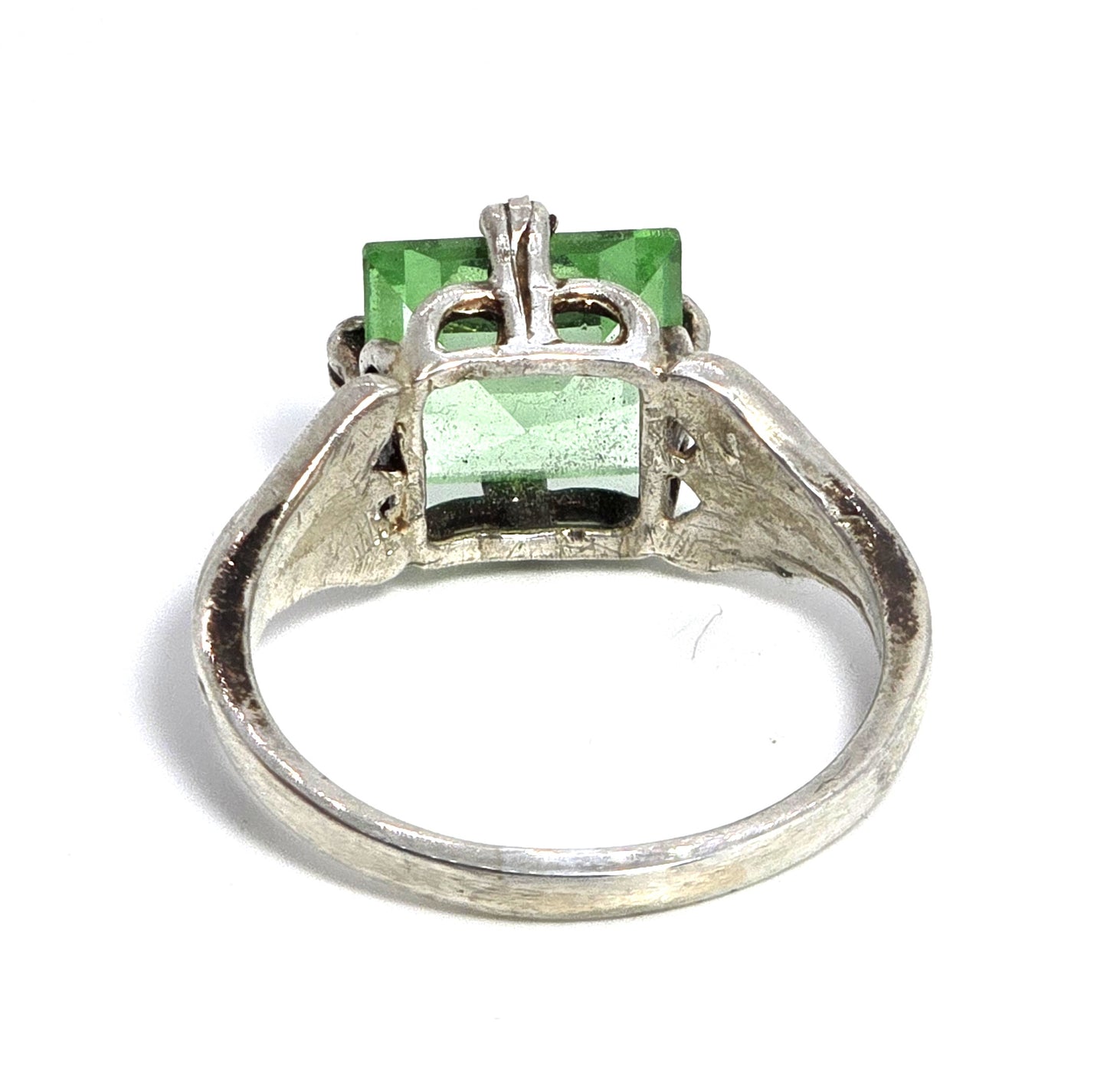 Uranium Glass Princess cut sterling silver split shank vintage ring size 9