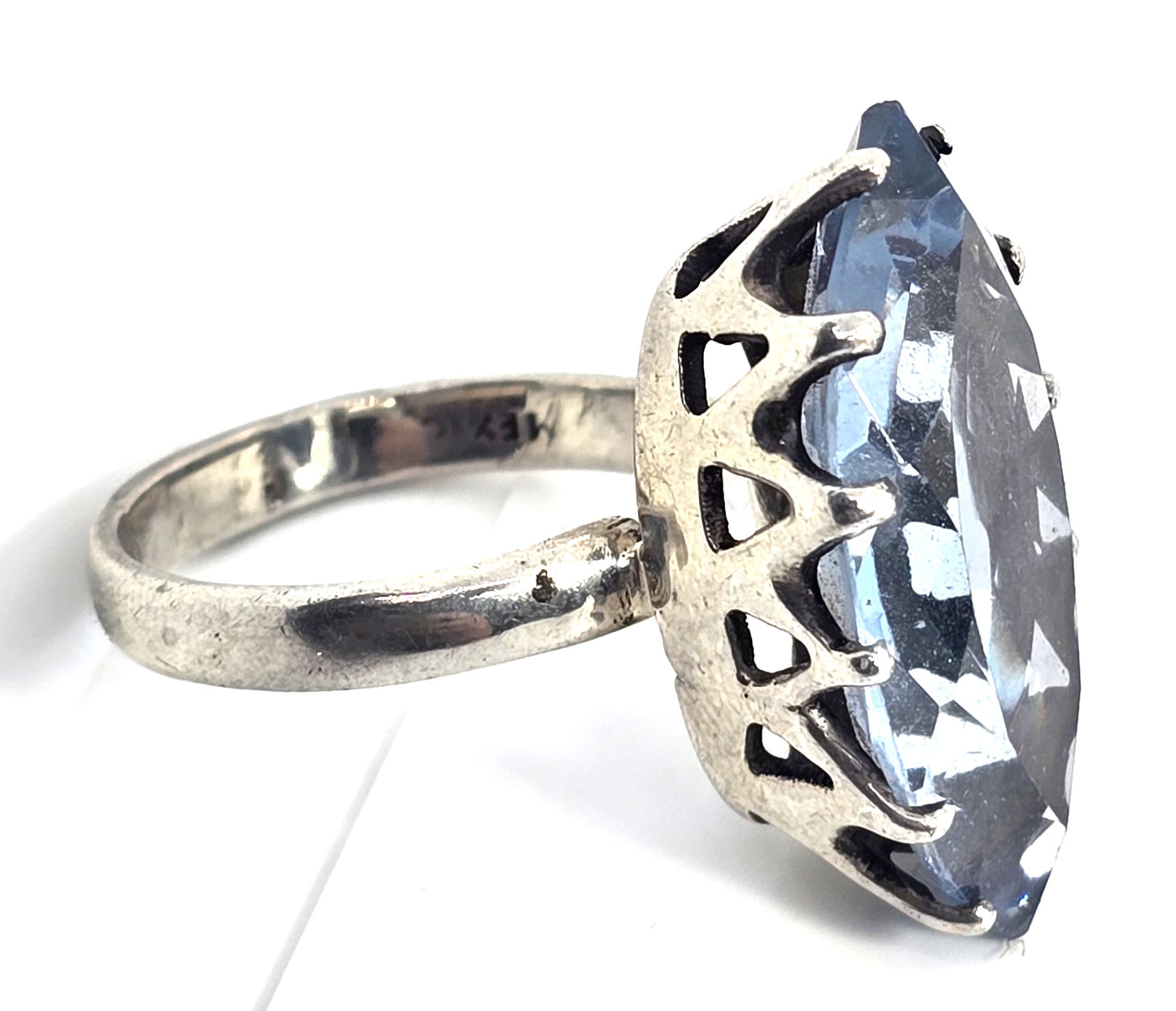 Large Blue Spinel UV glow pink Mexican vintage artisan sterling silver ring size 11.5