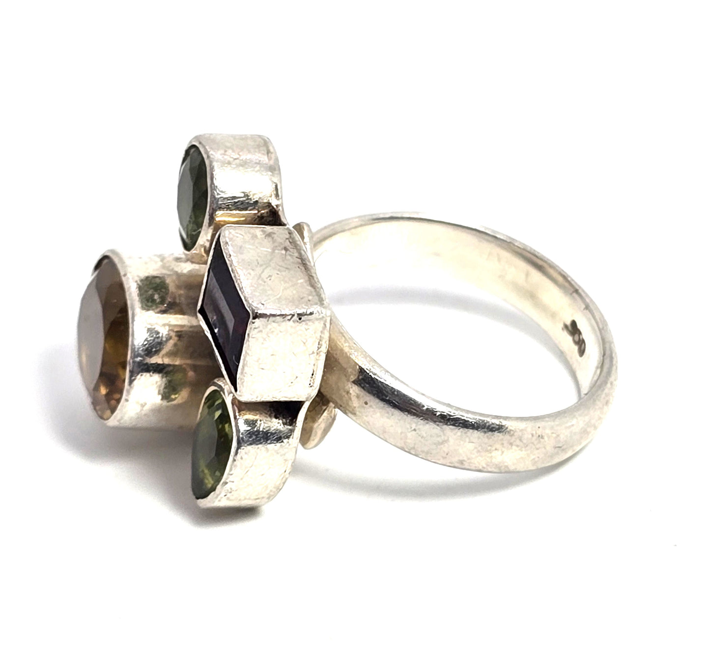 Large Multi gemstone Citrine Peridot Garnet sterling silver ring size 7.5
