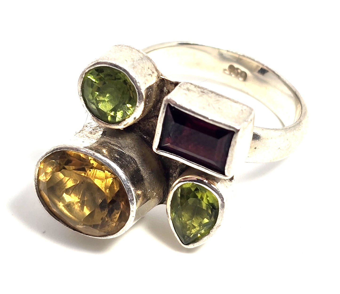Large Multi gemstone Citrine Peridot Garnet sterling silver ring size 7.5