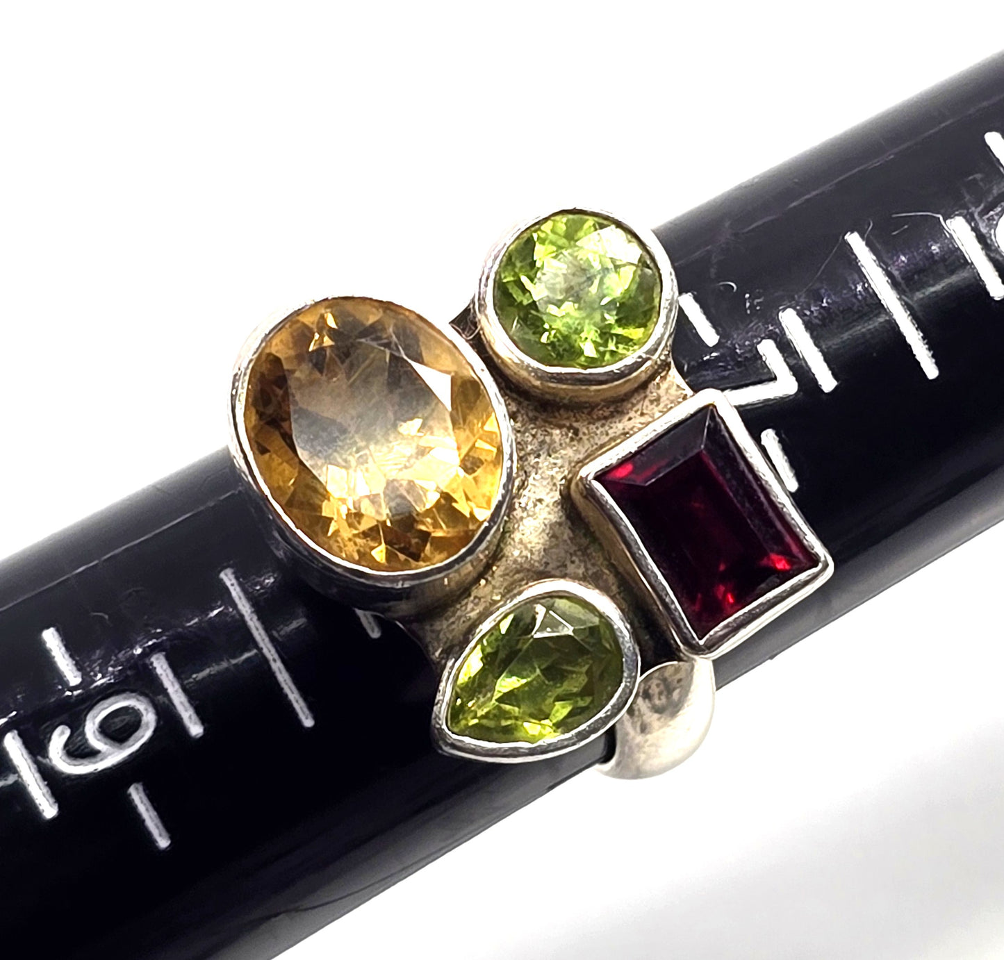 Large Multi gemstone Citrine Peridot Garnet sterling silver ring size 7.5