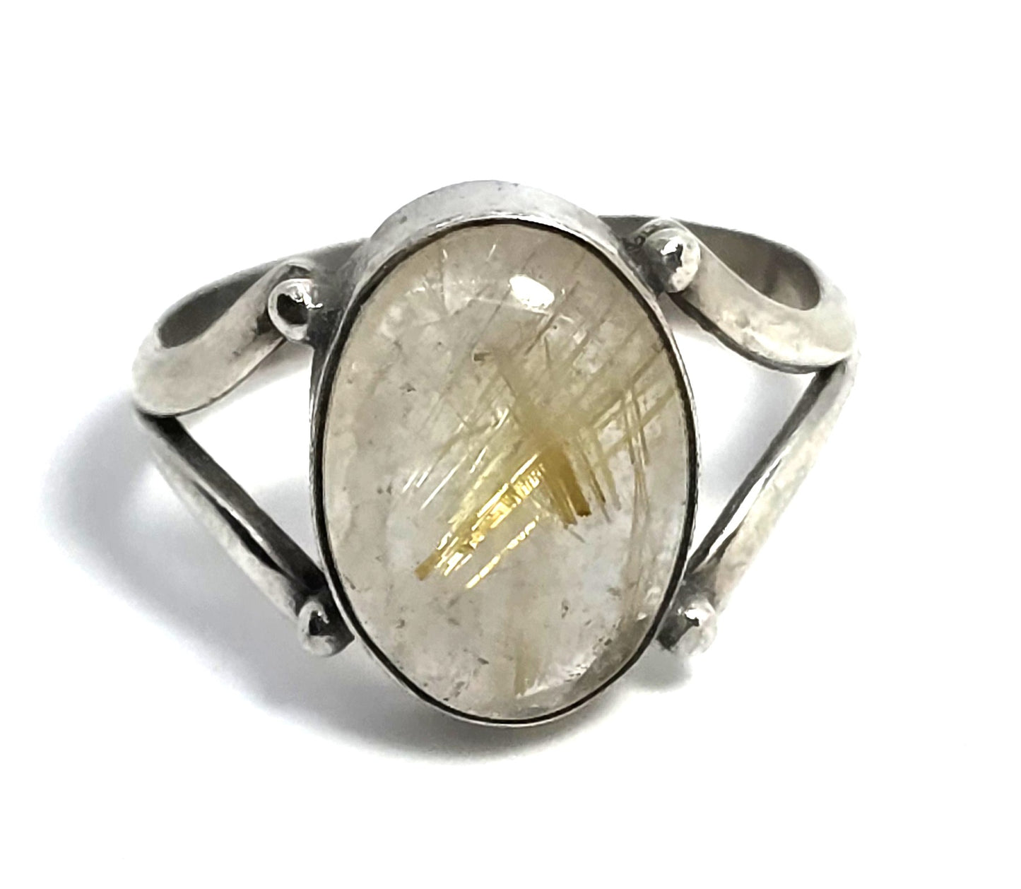 Golden rutilated quartz large sterling silver vintage split shank ring size 7.5