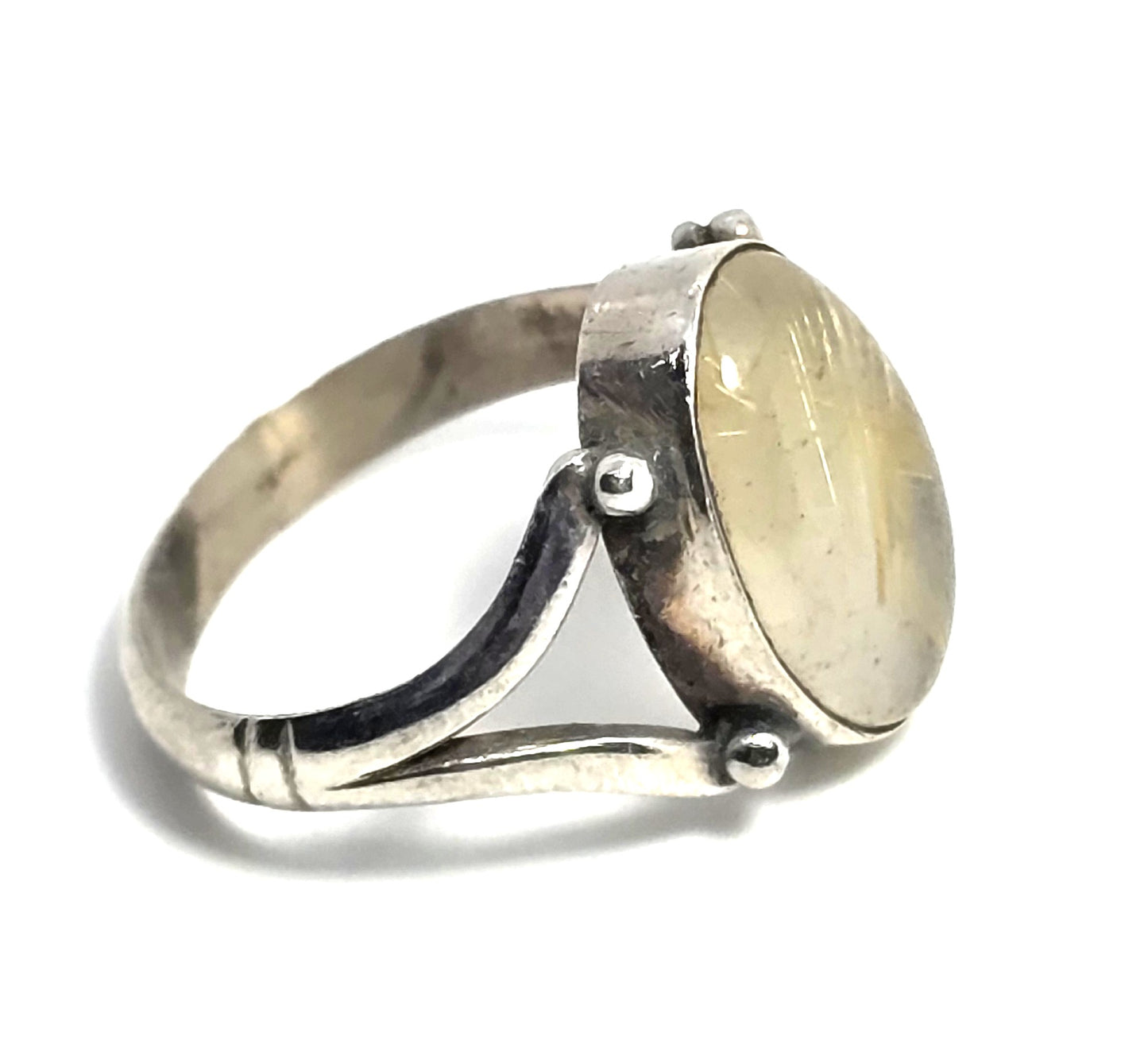 Golden rutilated quartz large sterling silver vintage split shank ring size 7.5