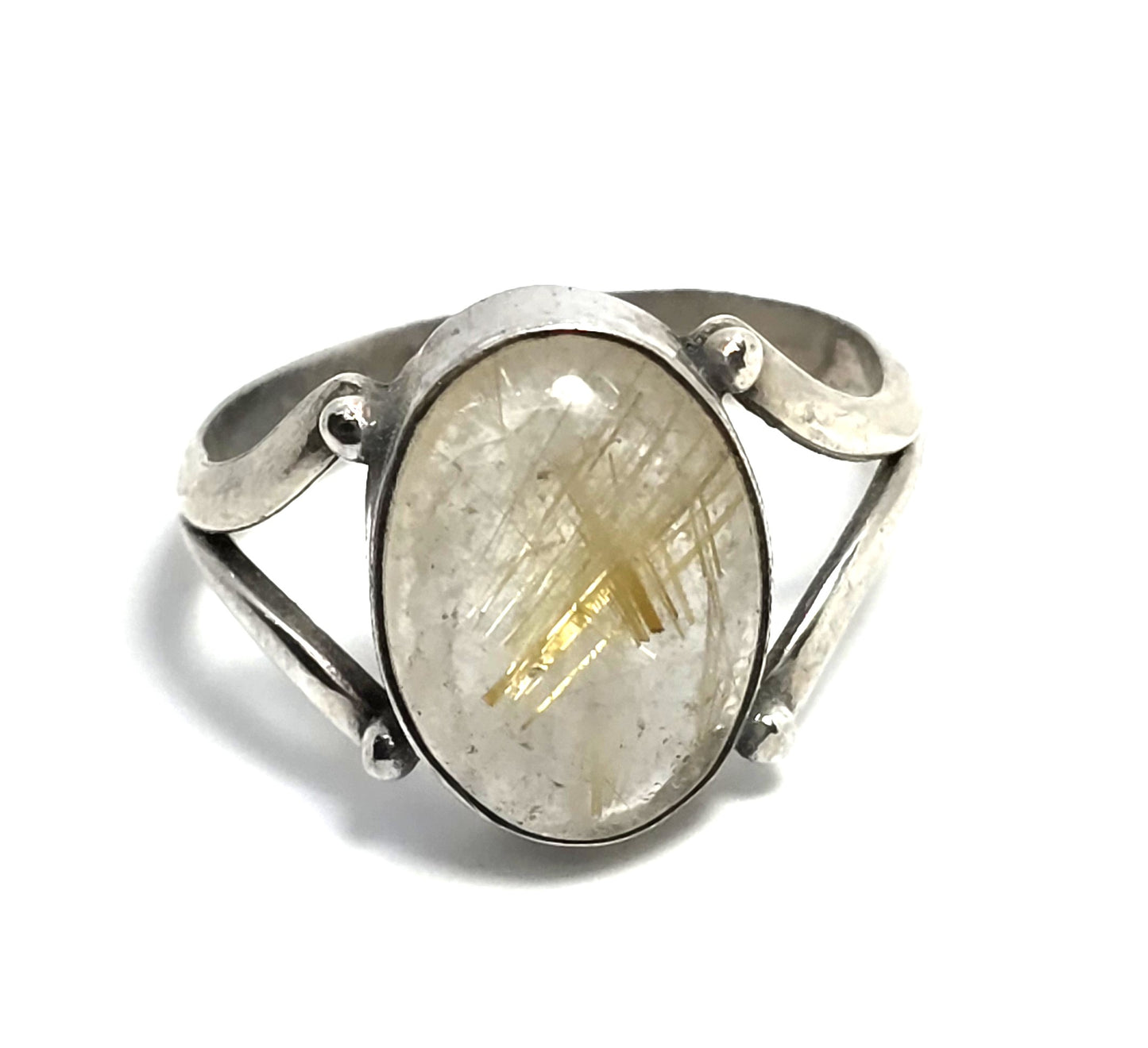 Golden rutilated quartz large sterling silver vintage split shank ring size 7.5