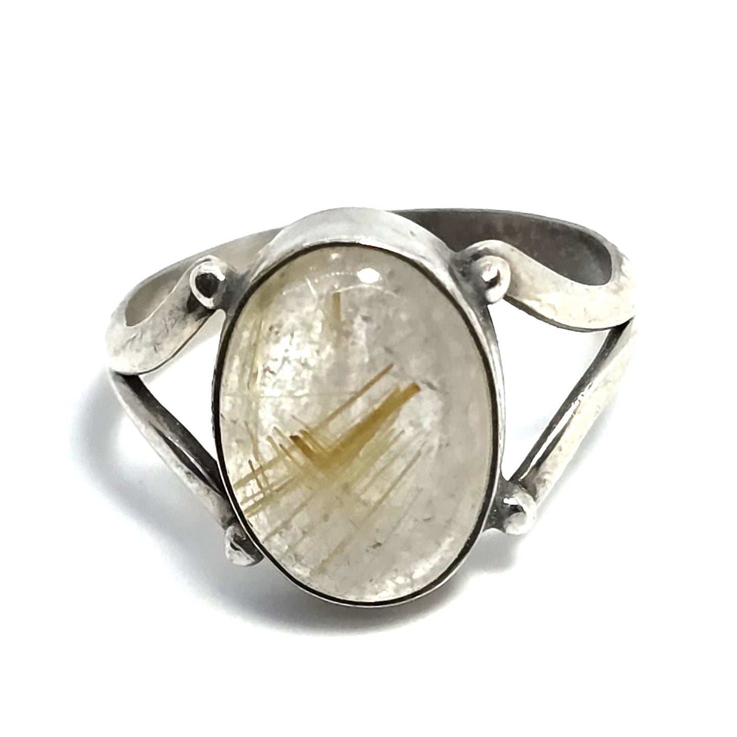 Golden rutilated quartz large sterling silver vintage split shank ring size 7.5