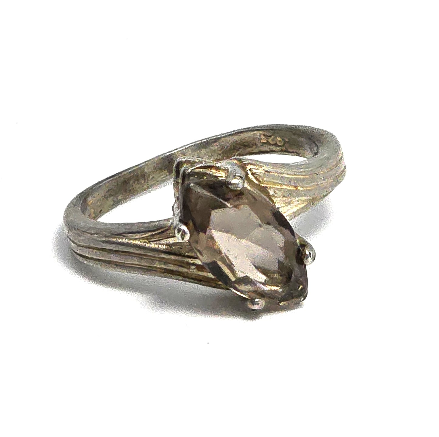 Smoky Quartz marquis cut prong set gemstone vintage sterling silver ring size 7