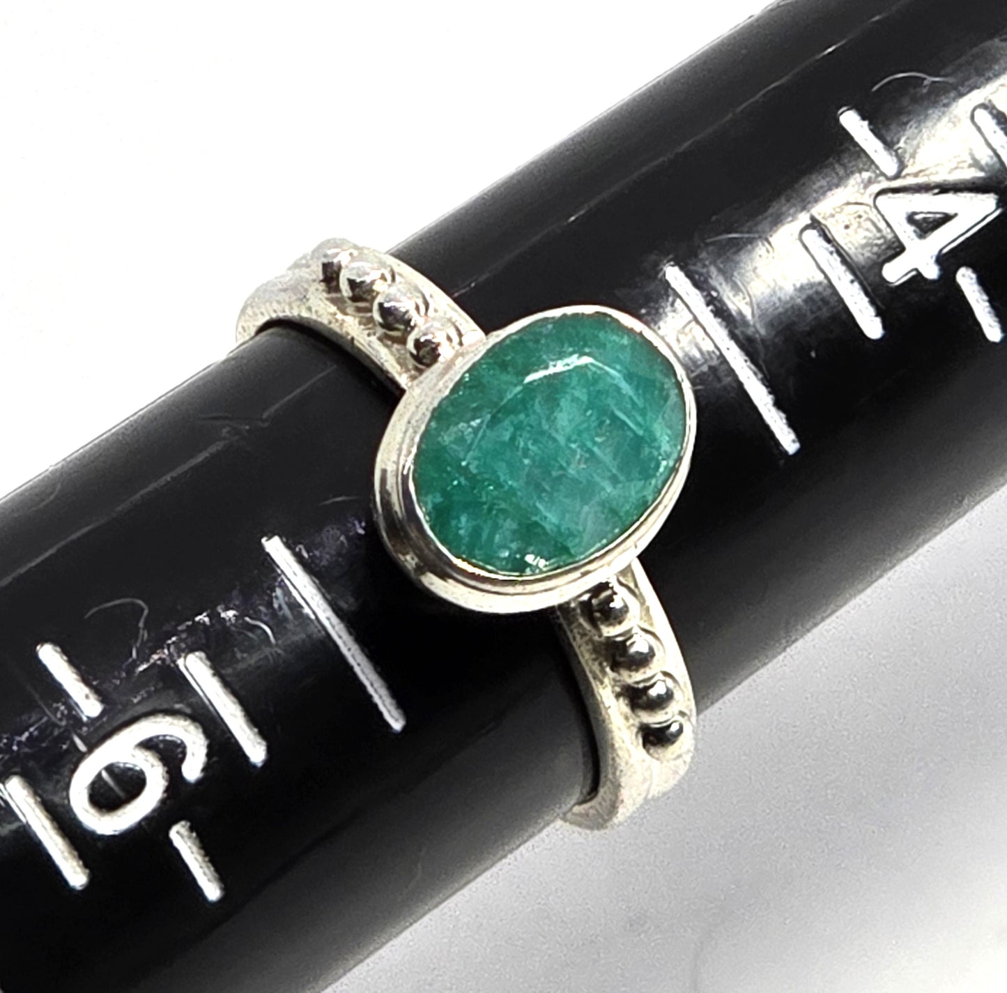 Raw Emerald faceted green gemstone sterling silver ring size 5