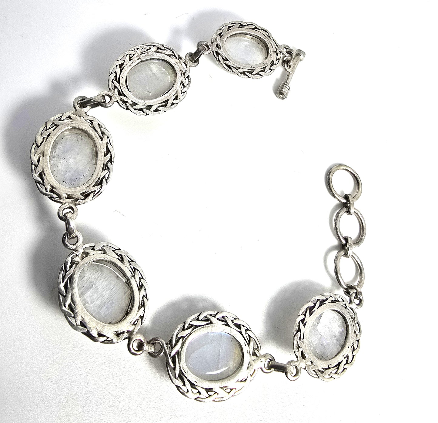 PTI Moonstone 6 panel Celtic knot sterling silver toggle clasp tennis bracelet