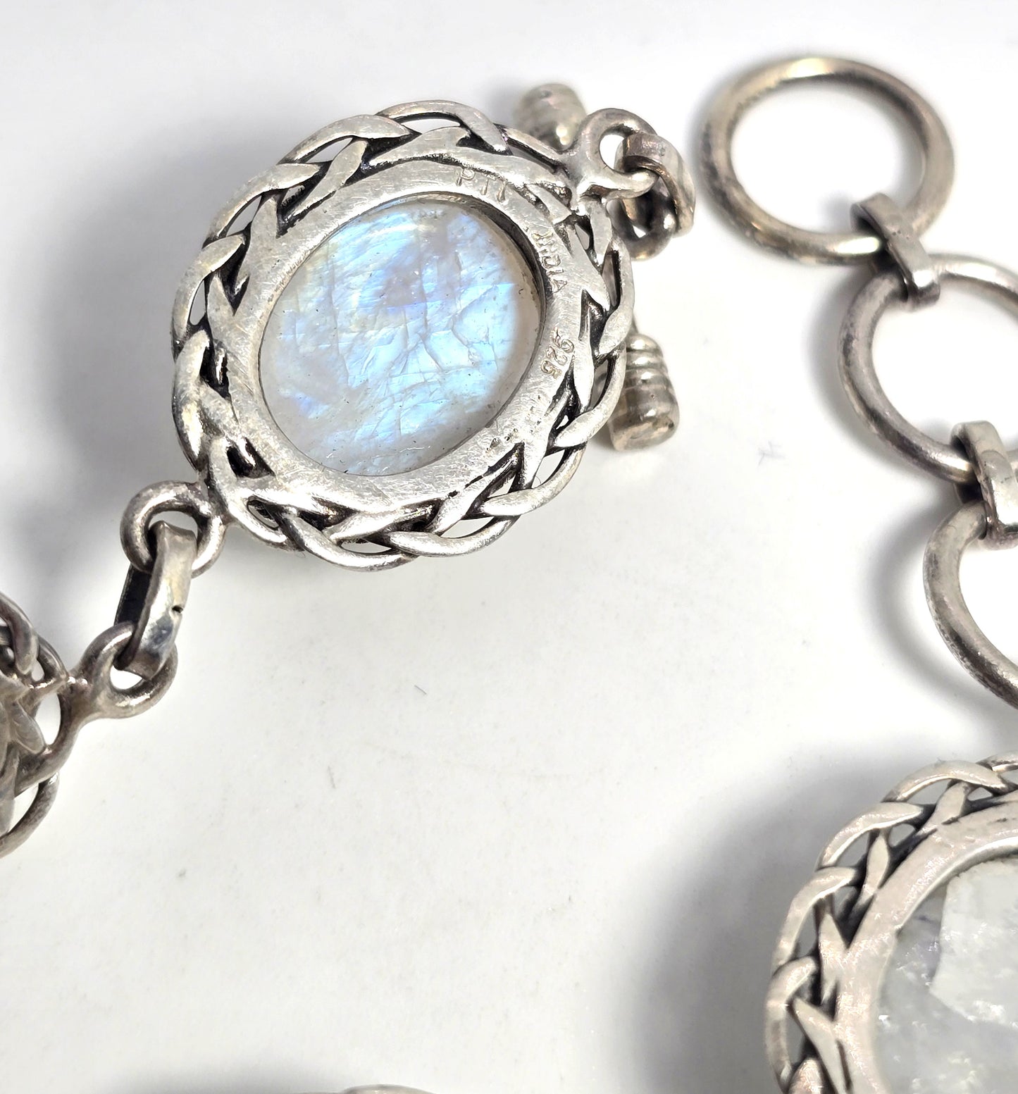 PTI Moonstone 6 panel Celtic knot sterling silver toggle clasp tennis bracelet