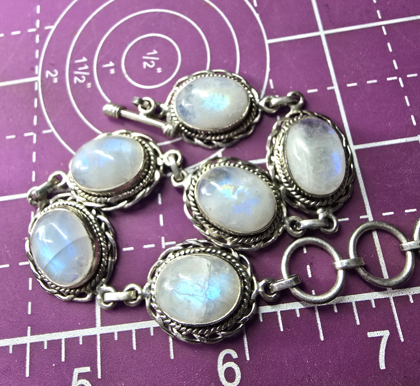 PTI Moonstone 6 panel Celtic knot sterling silver toggle clasp tennis bracelet