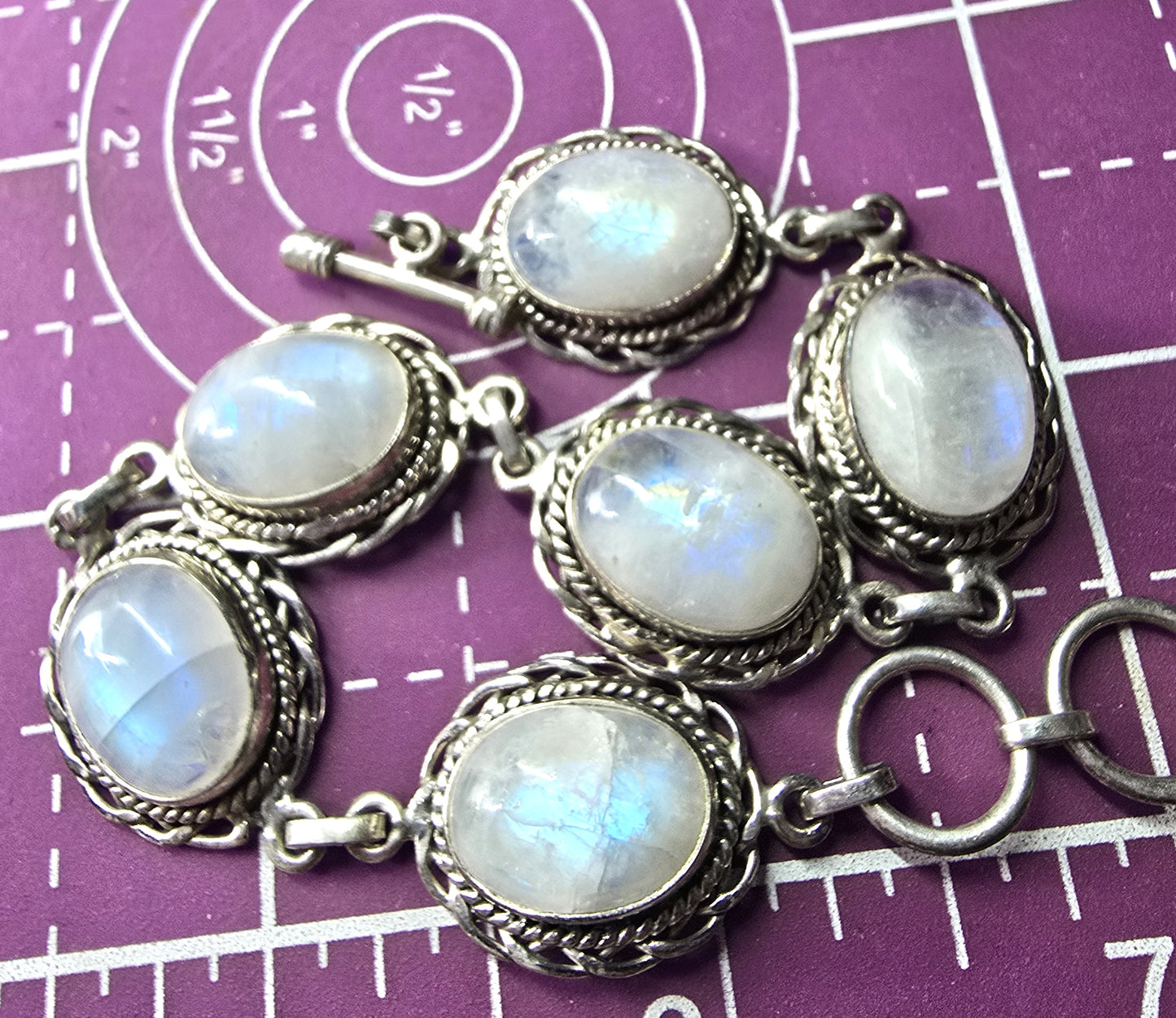 PTI Moonstone 6 panel Celtic knot sterling silver toggle clasp tennis bracelet