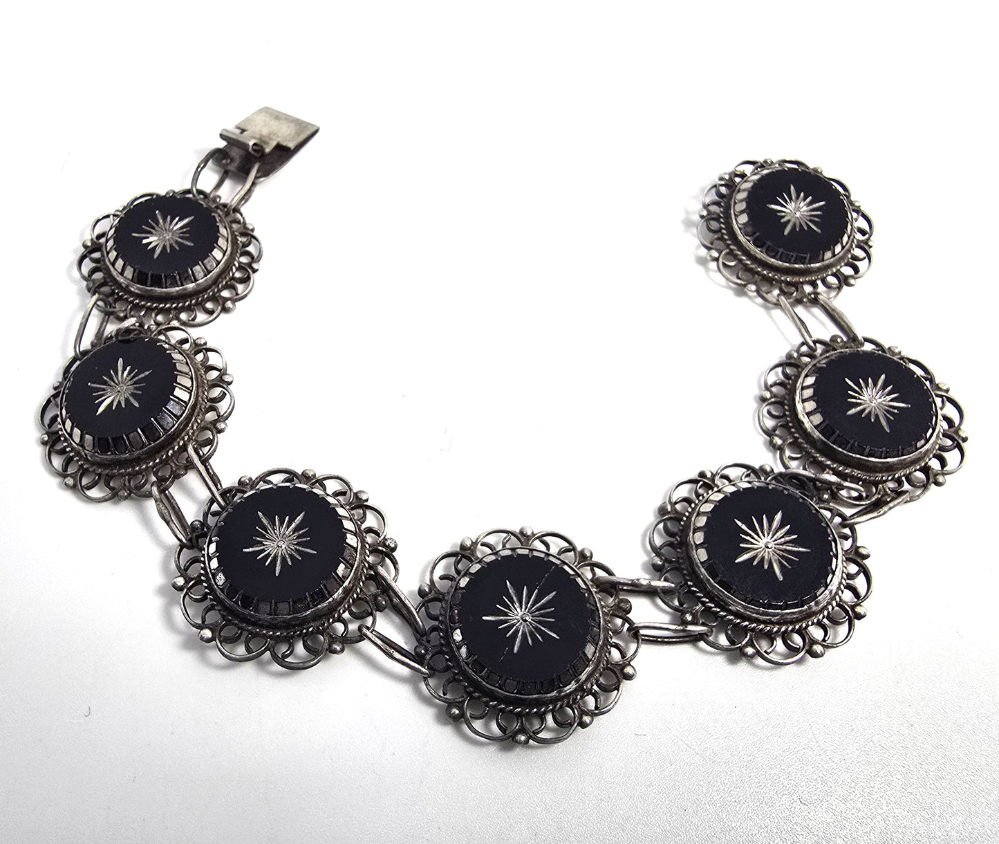 ALC Guadalajara Mexican Star black glass sterling silver vintage bracelet