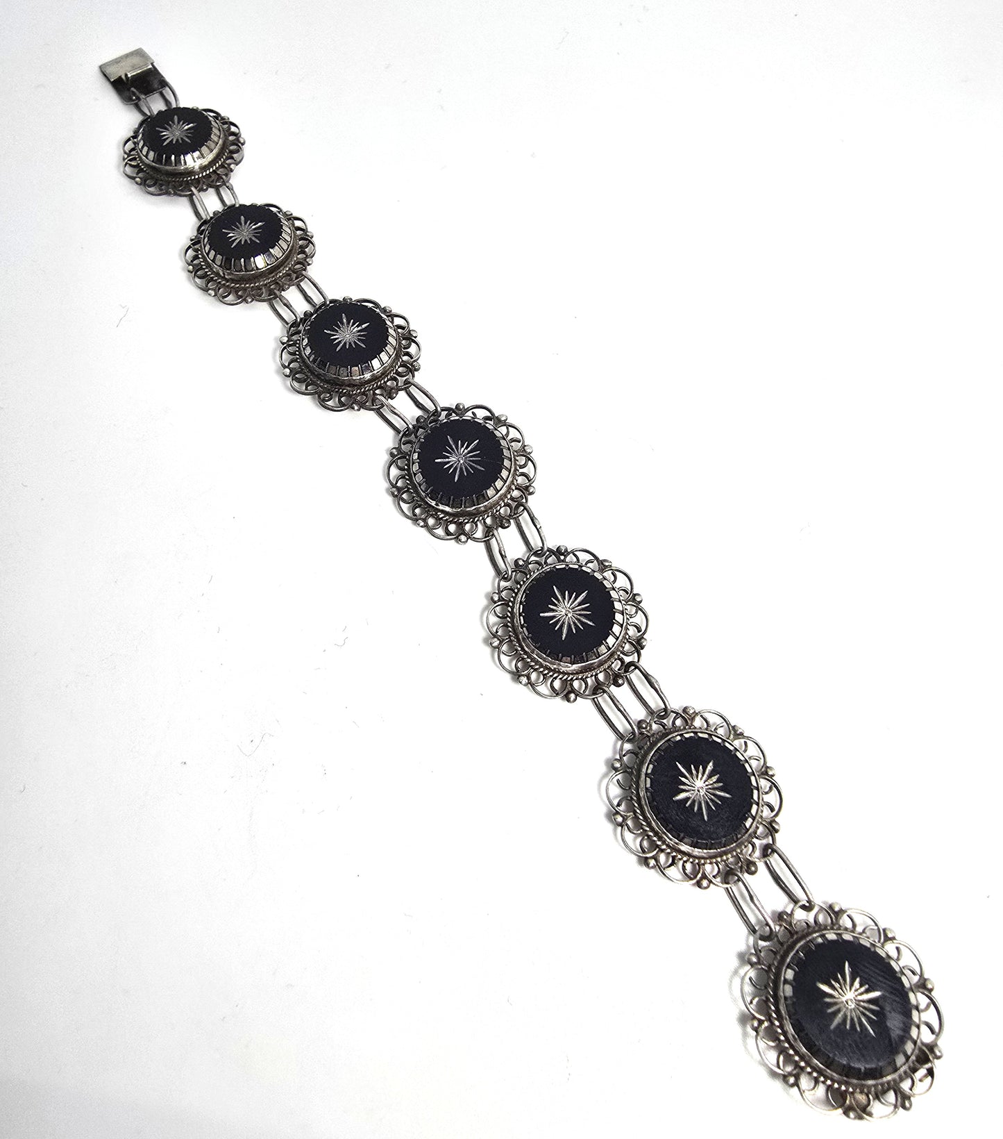 ALC Guadalajara Mexican Star black glass sterling silver vintage bracelet