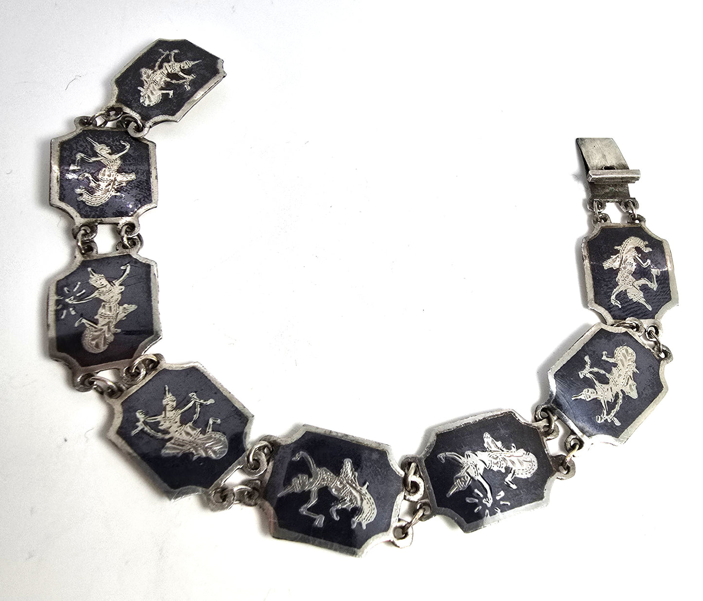 Siam Black Nielloware enamel Sheild Mekkala vintage sterling silver bracelet