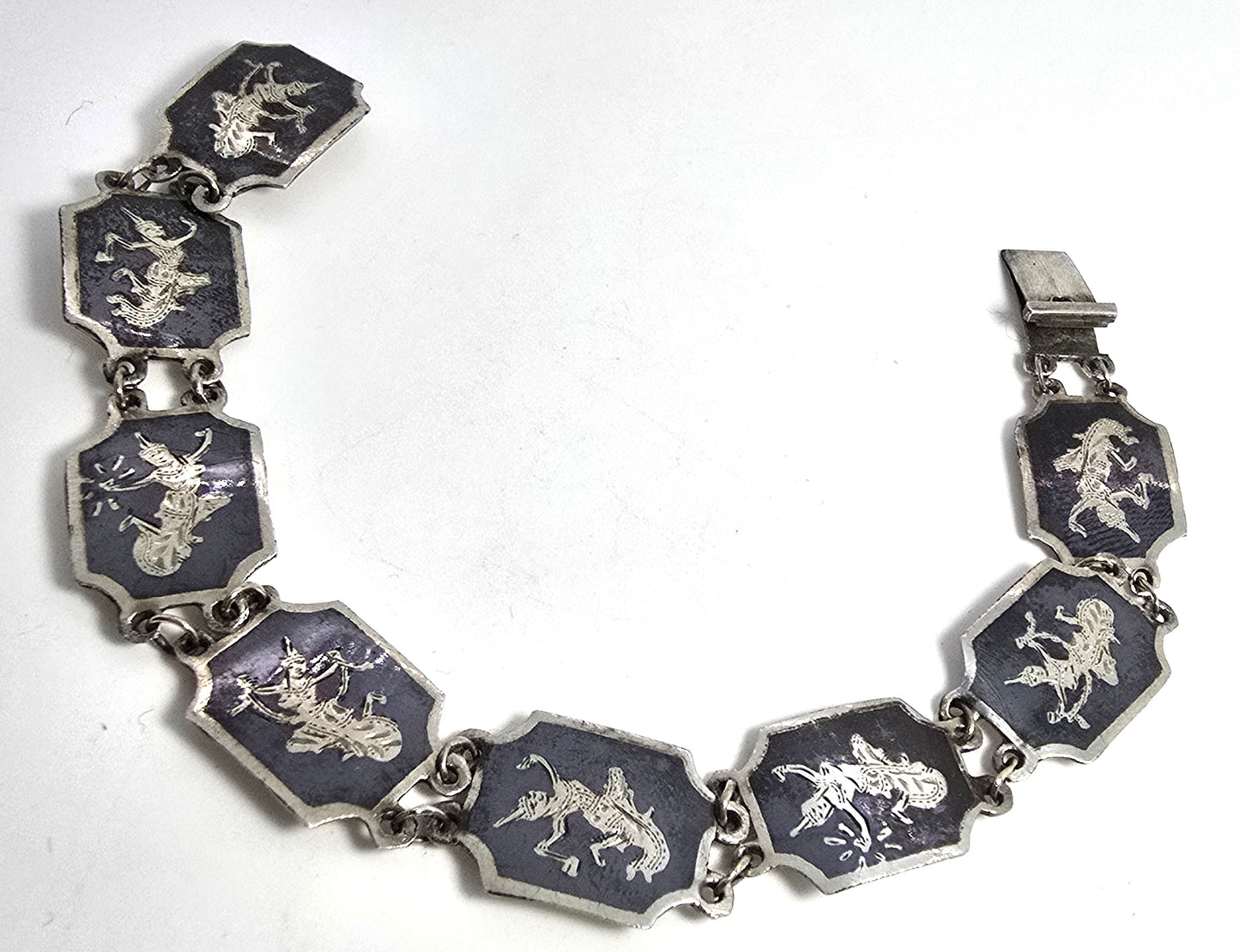 Siam Black Nielloware enamel Sheild Mekkala vintage sterling silver bracelet