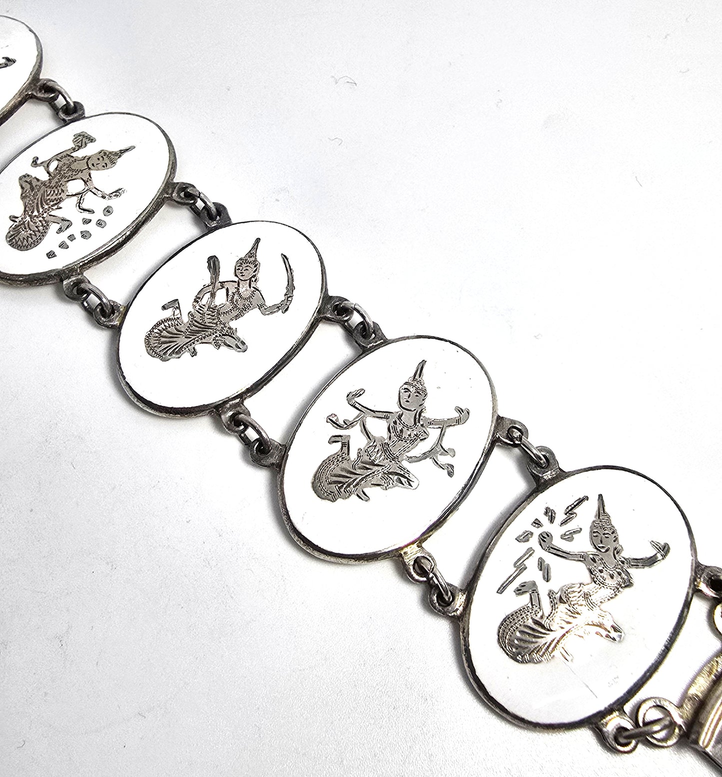 Siam White Nielloware enamel Deity Melaka Oval vintage sterling silver bracelet