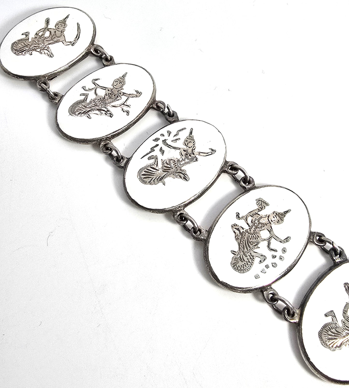 Siam White Nielloware enamel Deity Melaka Oval vintage sterling silver bracelet