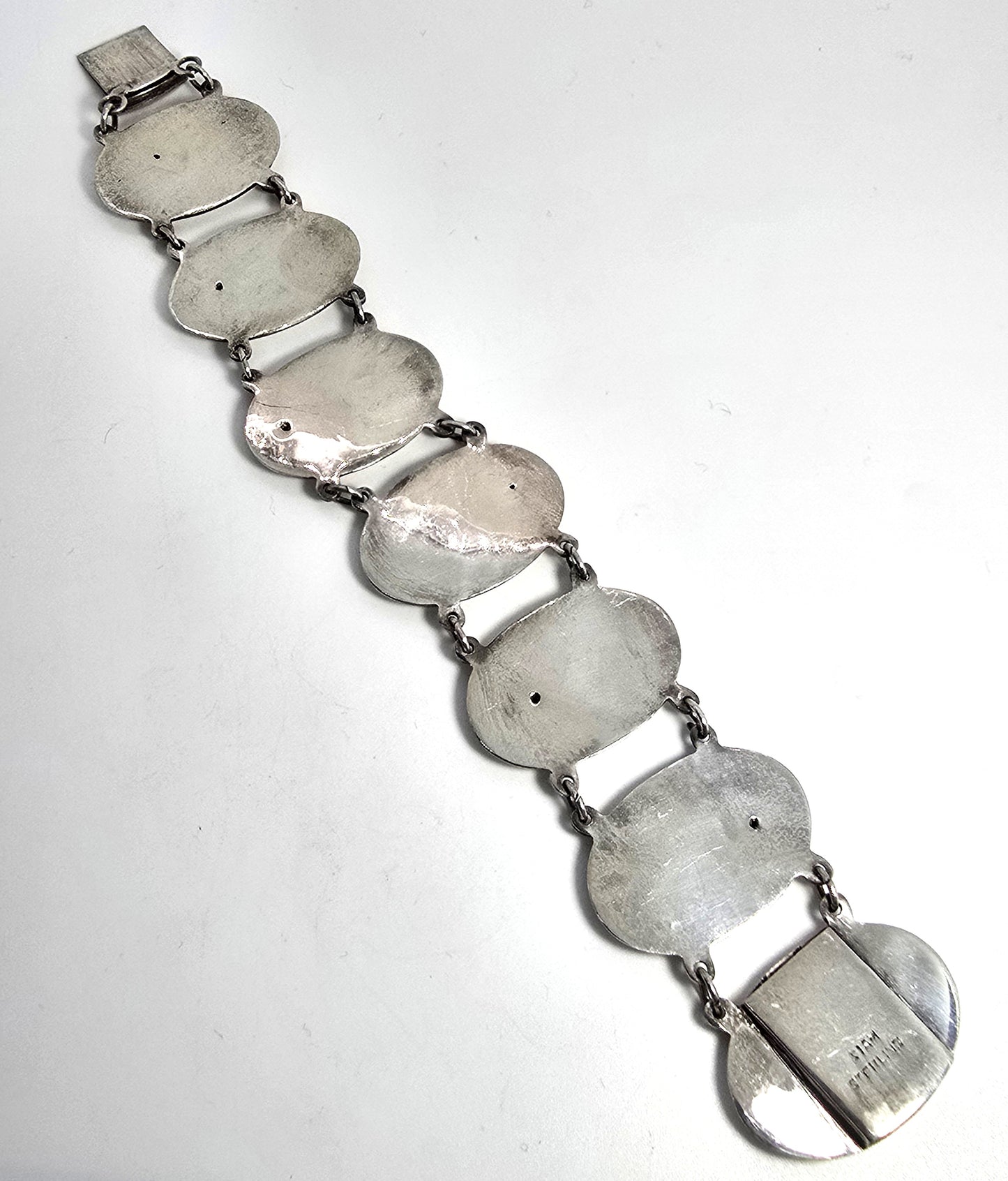Siam White Nielloware enamel Deity Melaka Oval vintage sterling silver bracelet