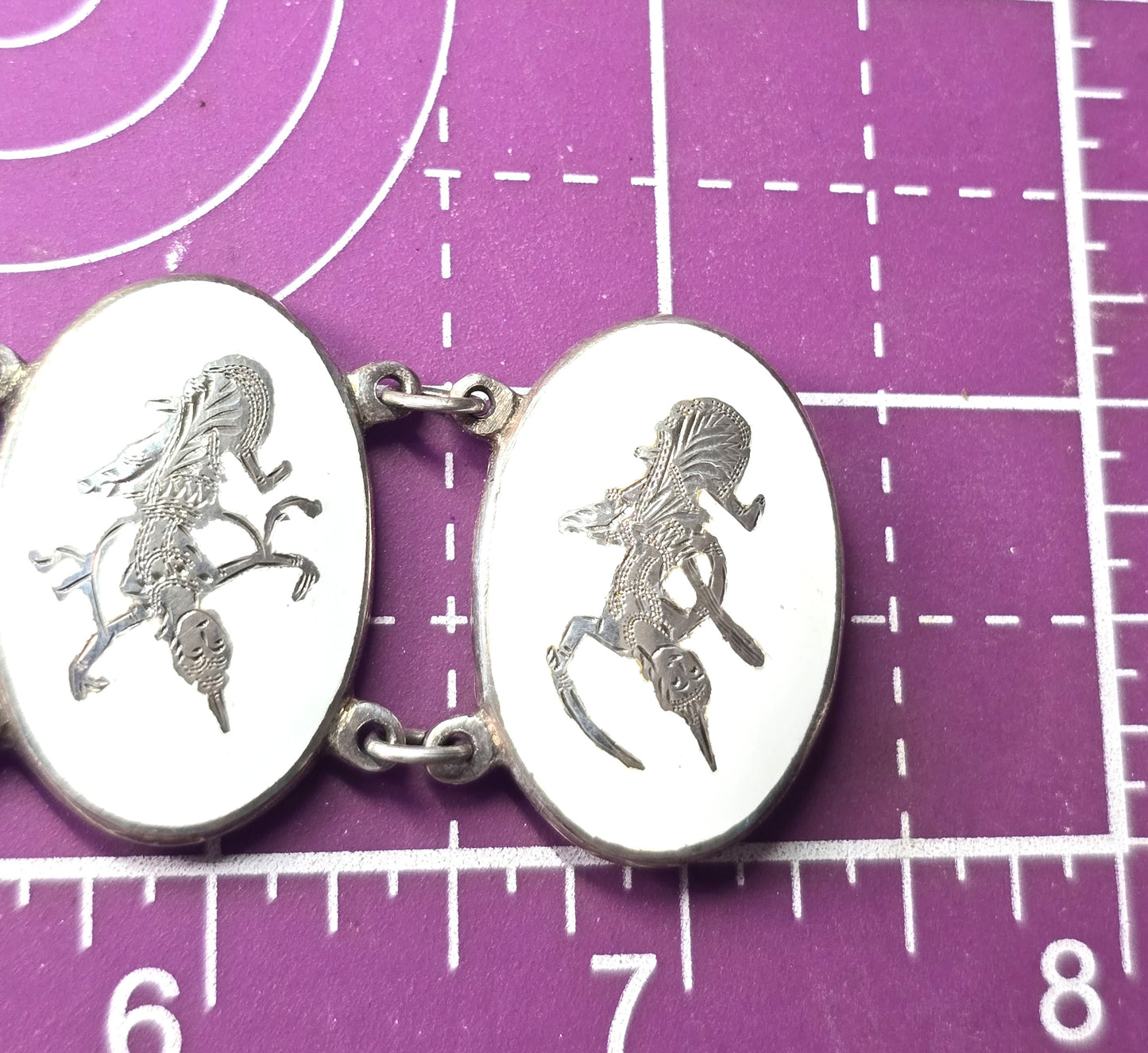 Siam White Nielloware enamel Deity Melaka Oval vintage sterling silver bracelet