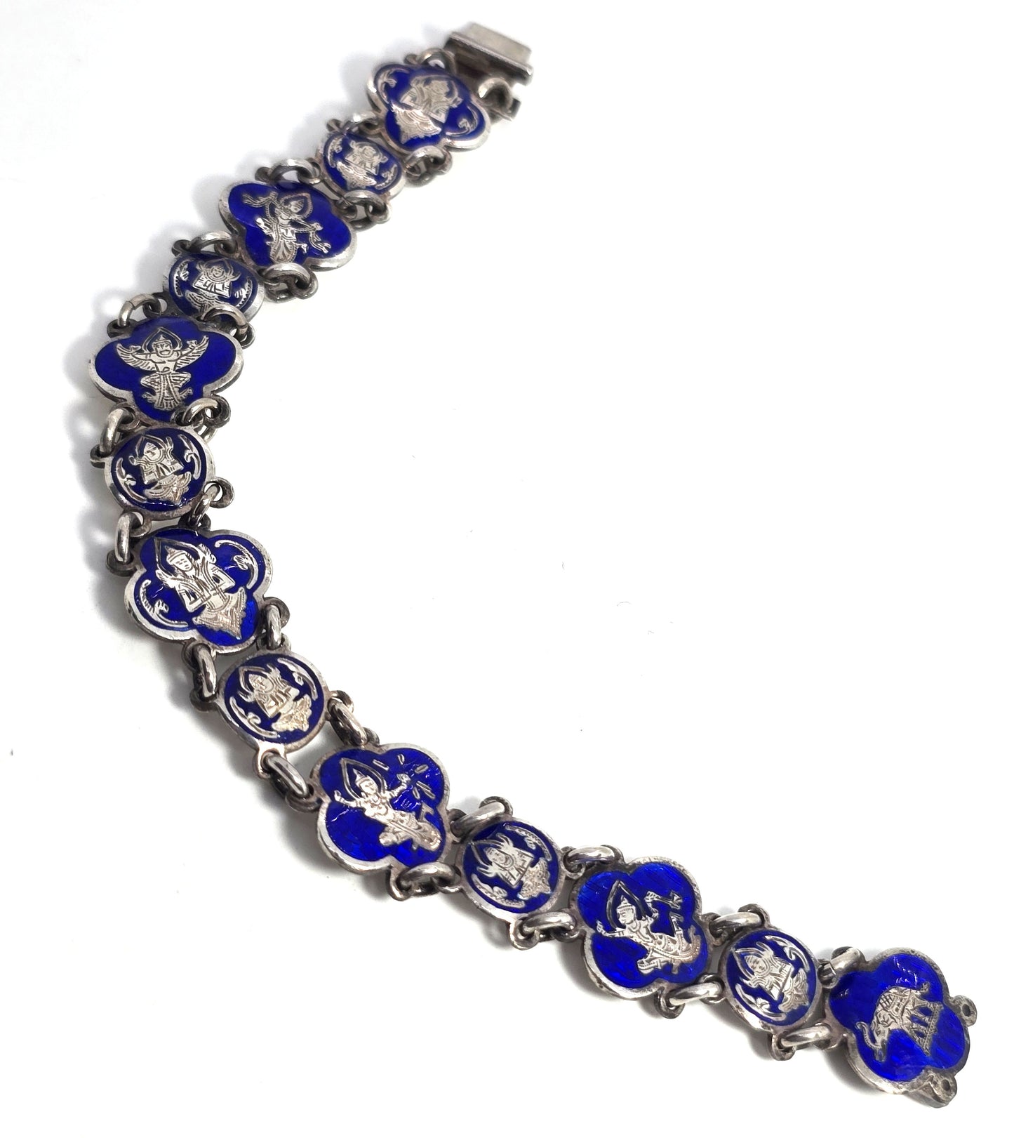Siam Guilloche dark blue enamel Deity vintage sterling silver bangle bracelet