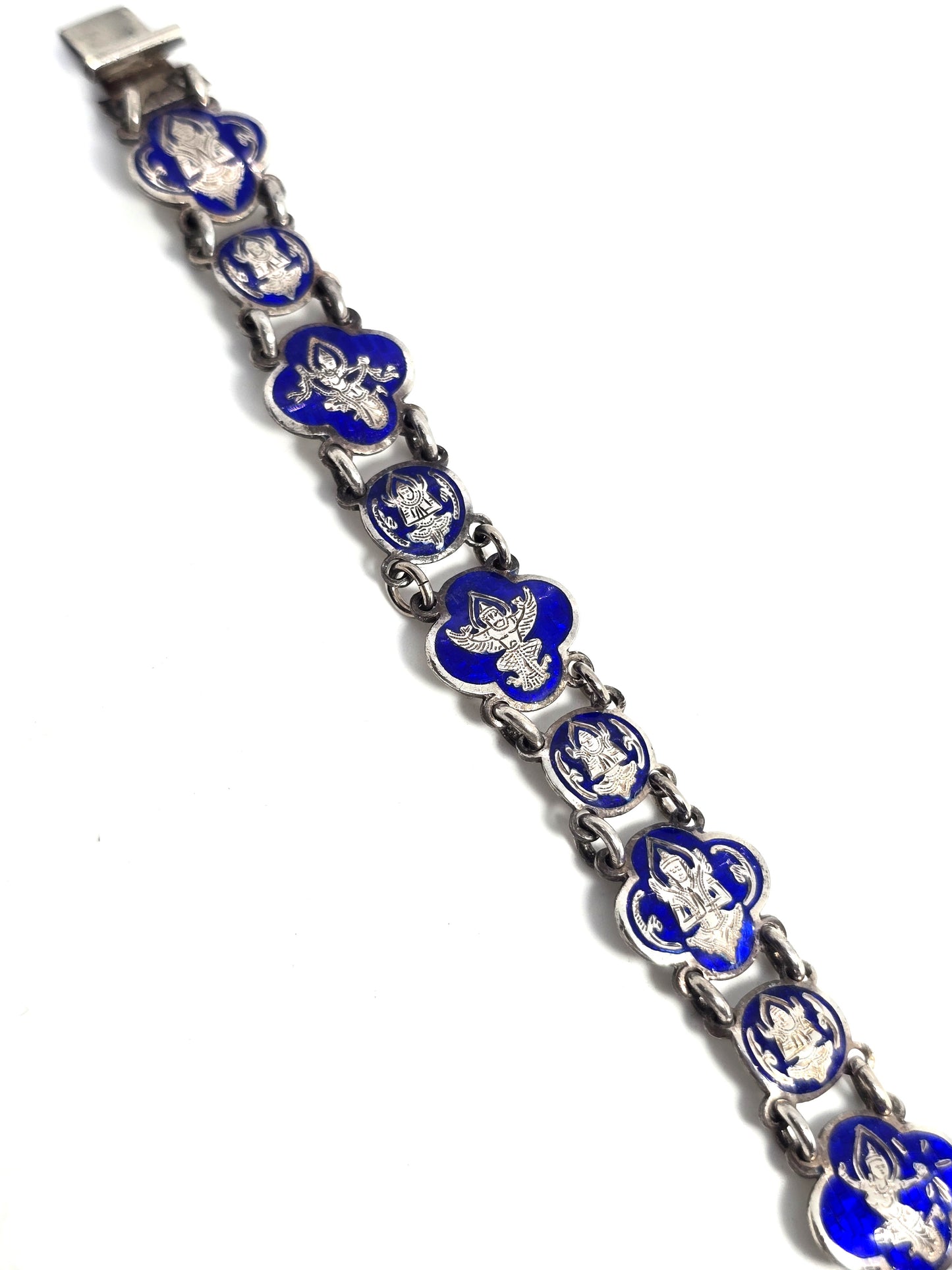 Siam Guilloche dark blue enamel Deity vintage sterling silver bangle bracelet