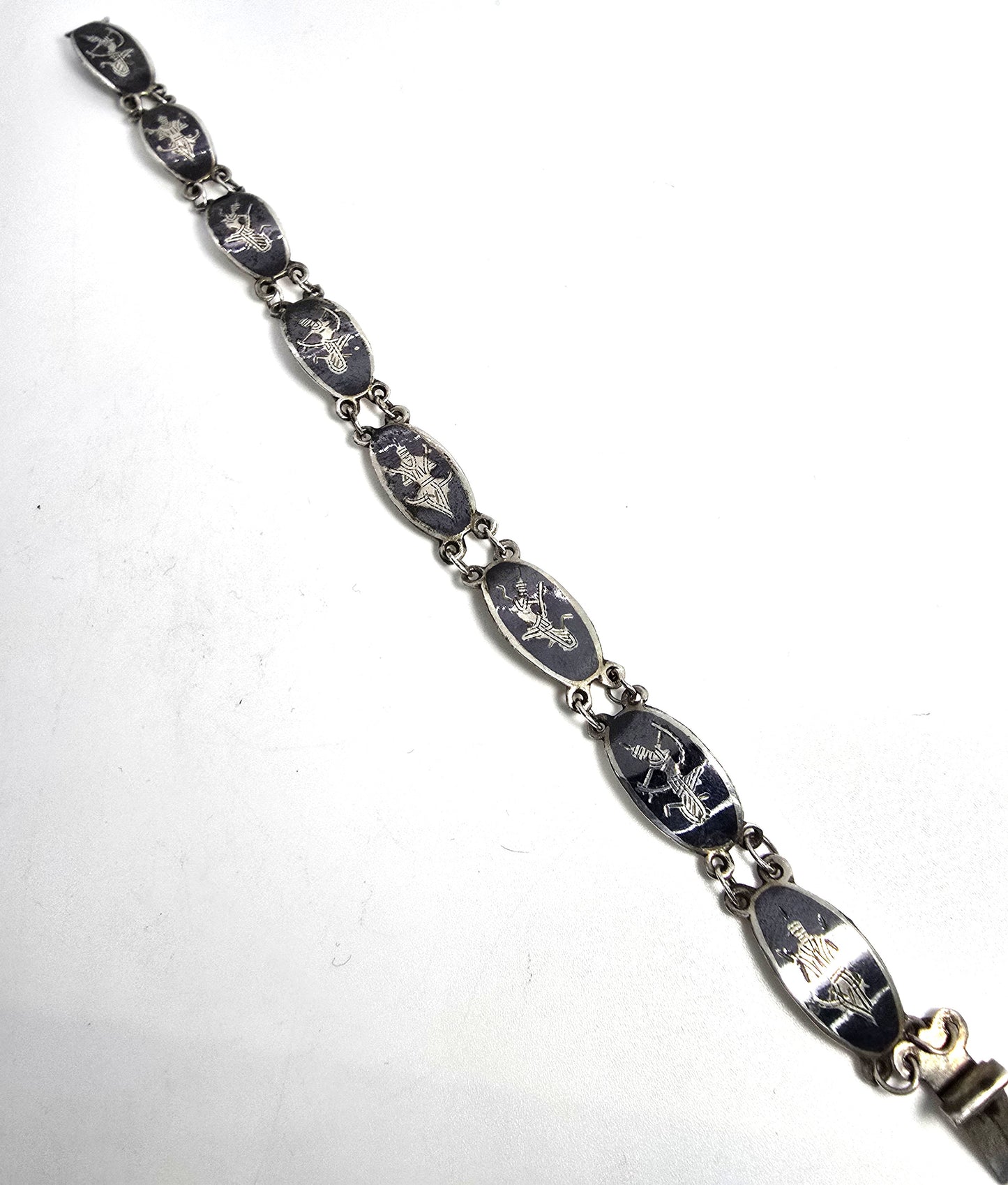Siam Black Nielloware enamel thin deity vintage sterling silver bracelet