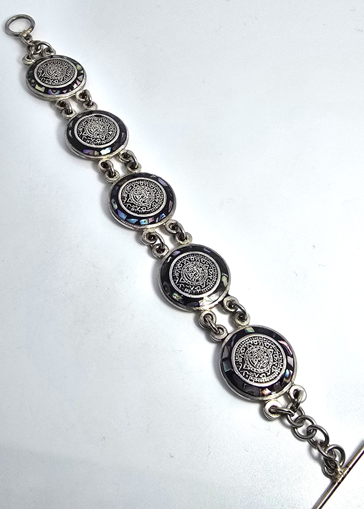Aztec Calendar Taxco Mexico Abalone inlay sterling silver vintage coin bracelet