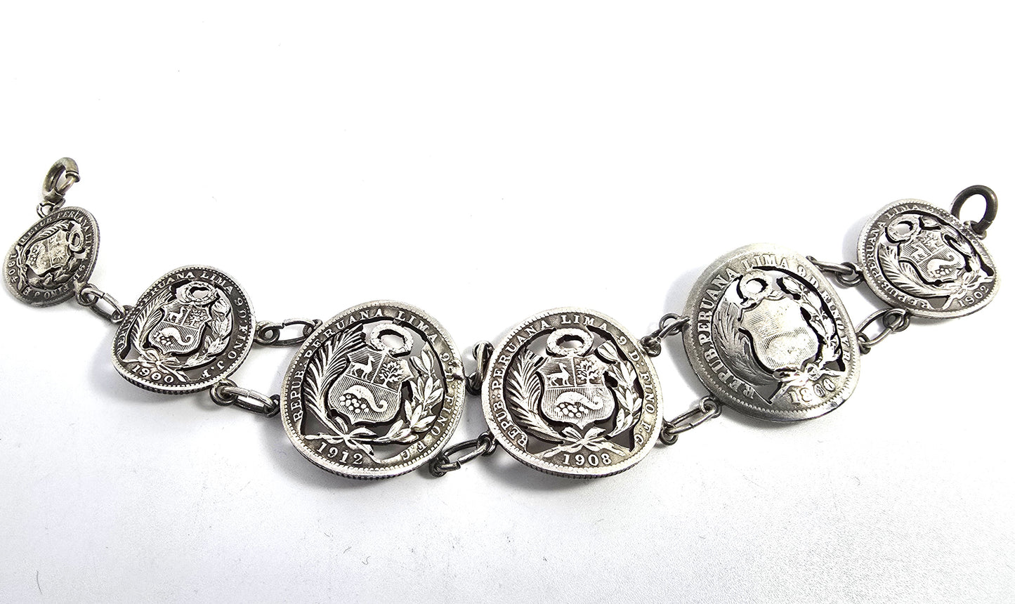Peruvian Sol Antique Edwardian sterling silver tourist cut coin bracelet 1866-1912