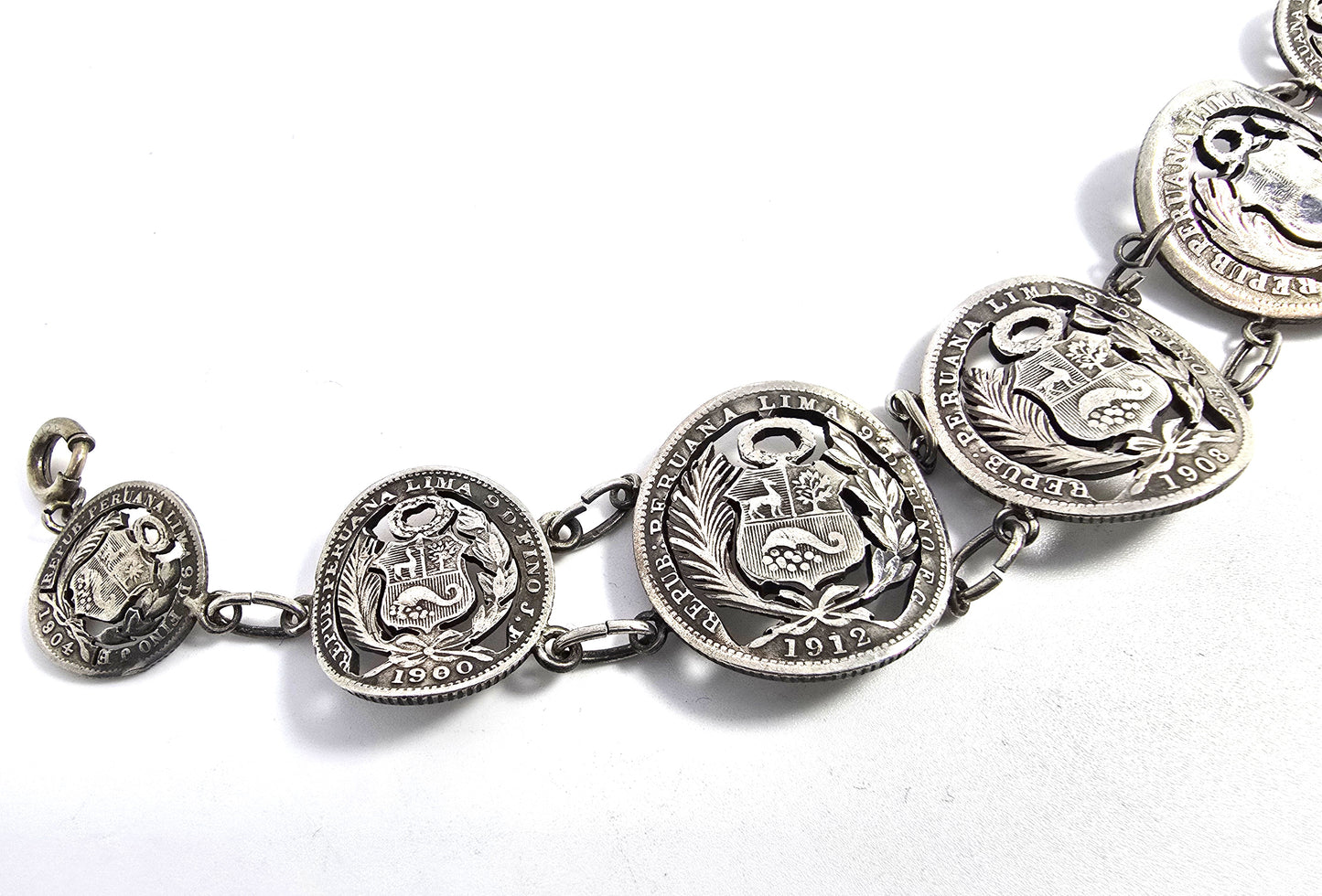 Peruvian Sol Antique Edwardian sterling silver tourist cut coin bracelet 1866-1912