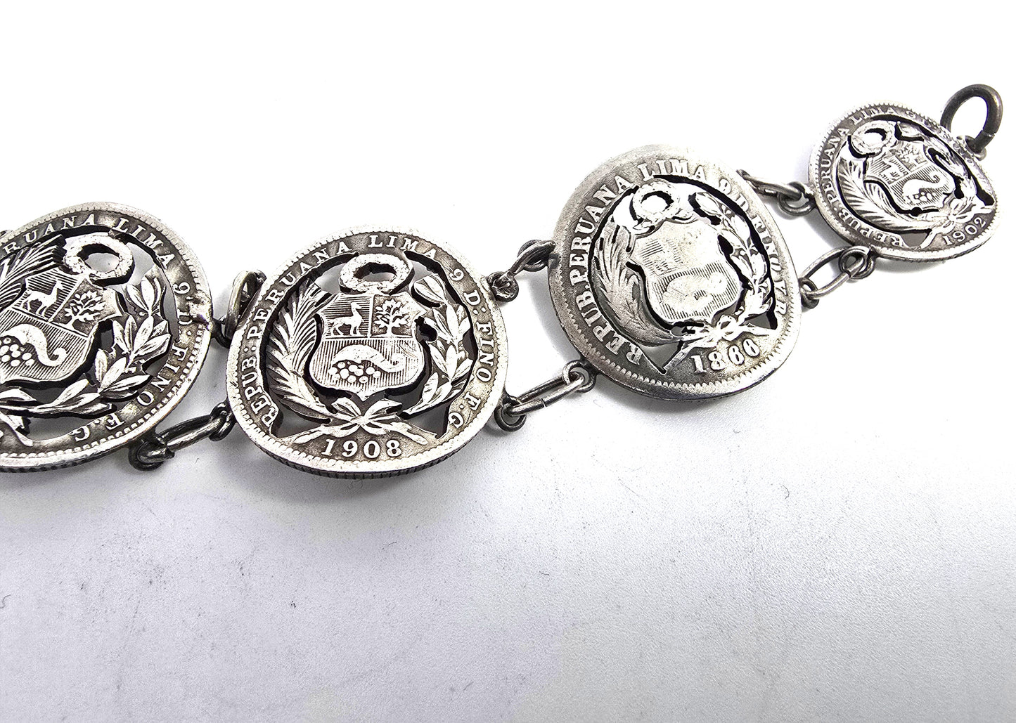 Peruvian Sol Antique Edwardian sterling silver tourist cut coin bracelet 1866-1912
