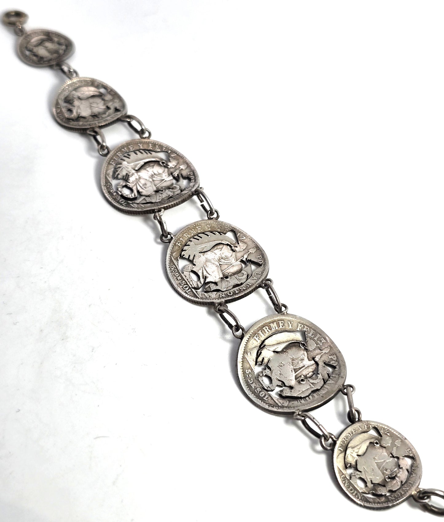 Peruvian Sol Antique Edwardian sterling silver tourist cut coin bracelet 1866-1912