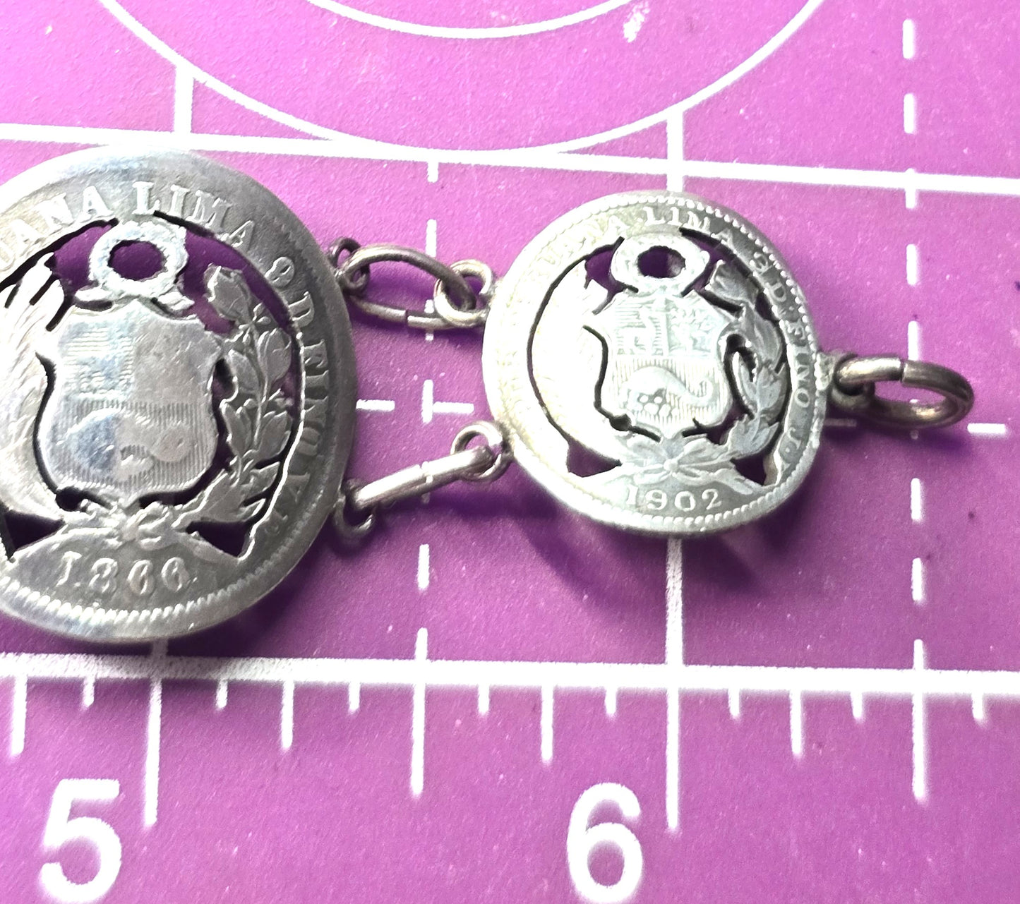 Peruvian Sol Antique Edwardian sterling silver tourist cut coin bracelet 1866-1912