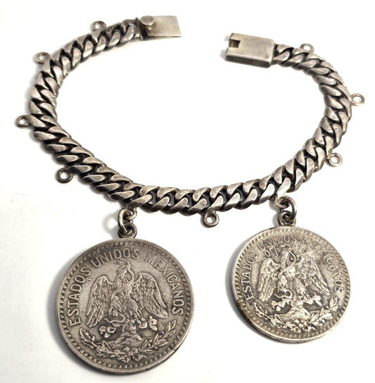 Mexican 50 Centavos mid century vintage sterling silver coin bracelet 1914/1943