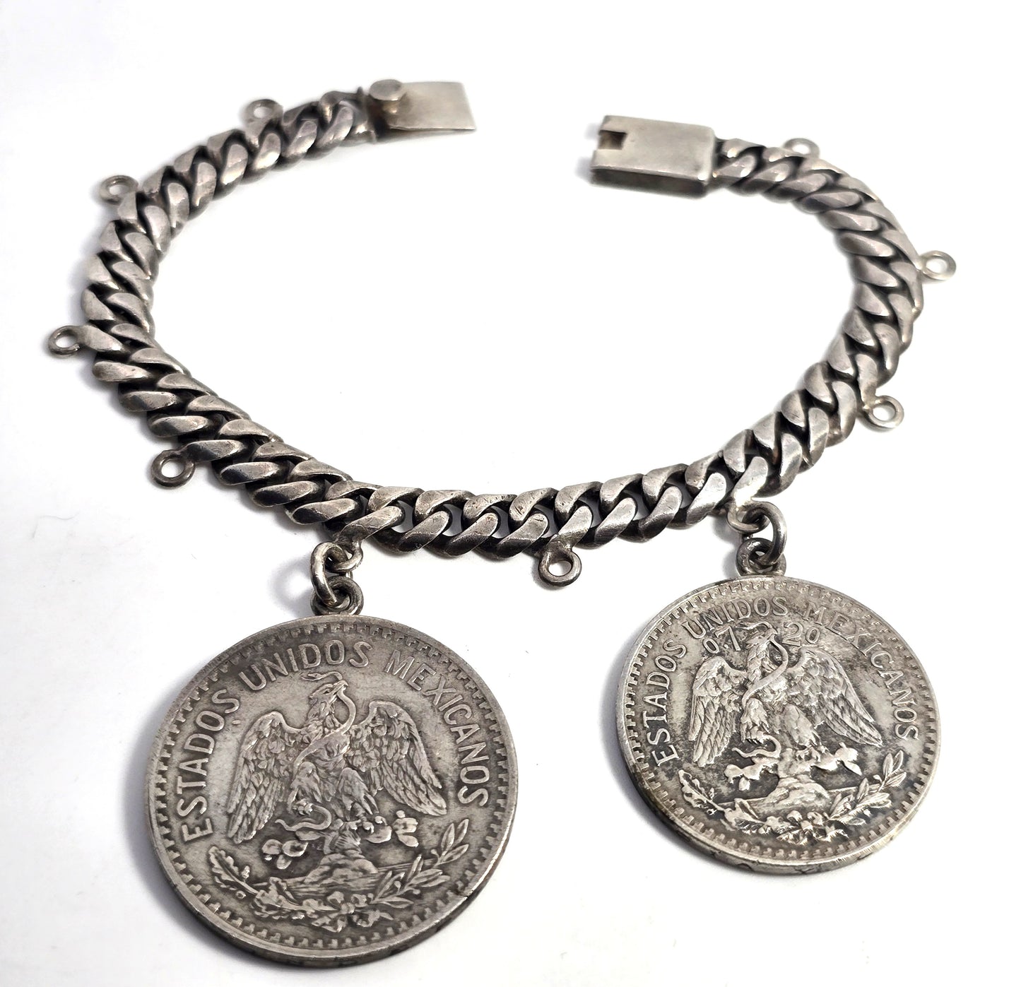 Mexican 50 Centavos mid century vintage sterling silver coin bracelet 1914/1943