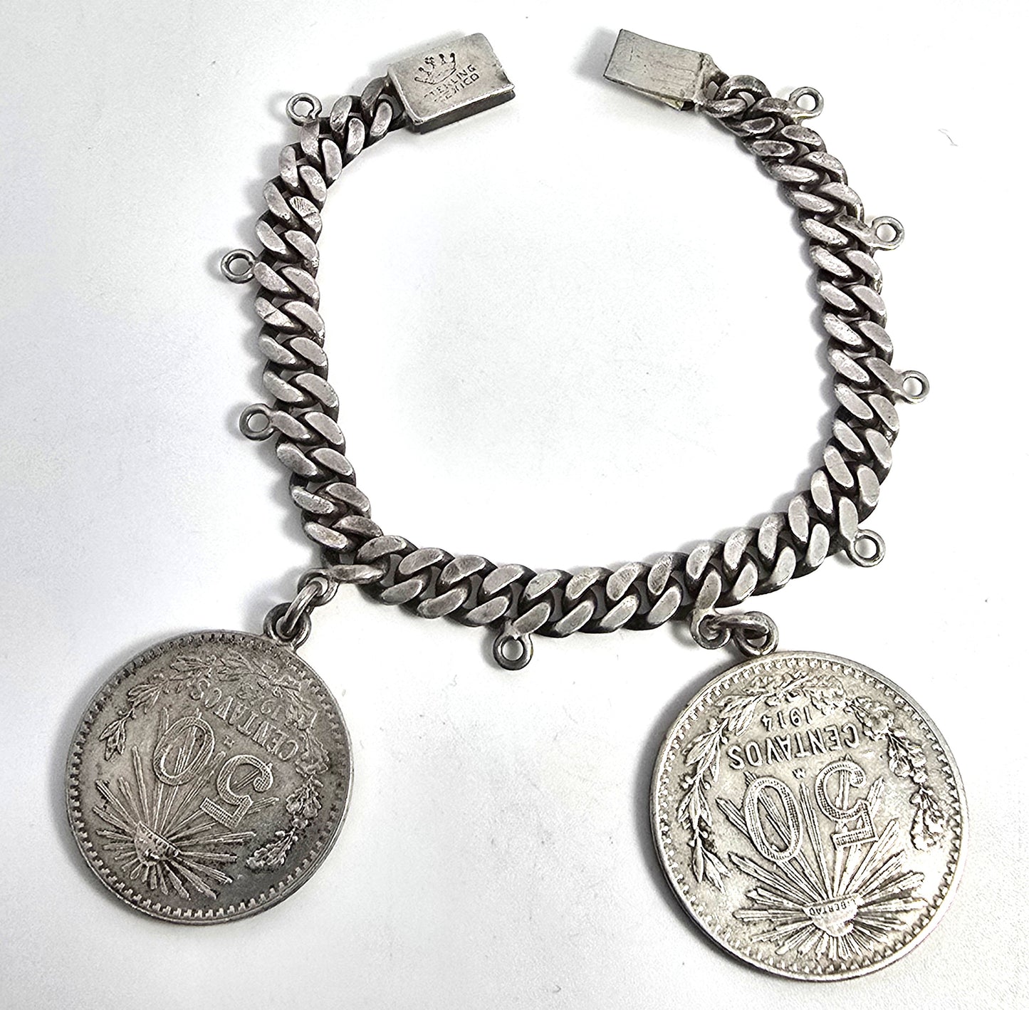 Mexican 50 Centavos mid century vintage sterling silver coin bracelet 1914/1943
