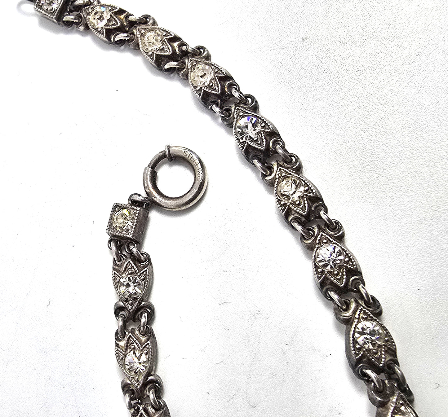 Art Deco GG Pave clear paste antique sterling silver tennis bracelet