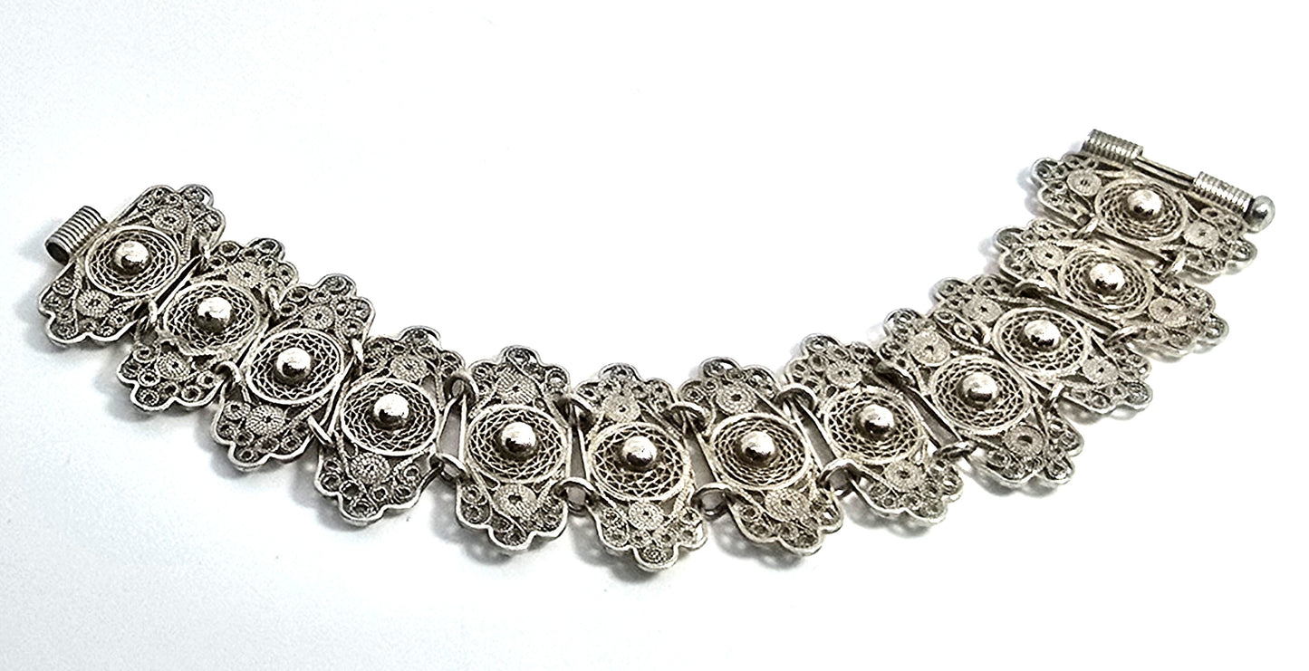 Mexican Antique filigree pin clasp thick sterling silver panel bracelet