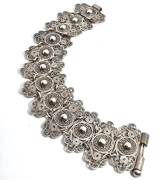 Mexican Antique filigree pin clasp thick sterling silver panel bracelet