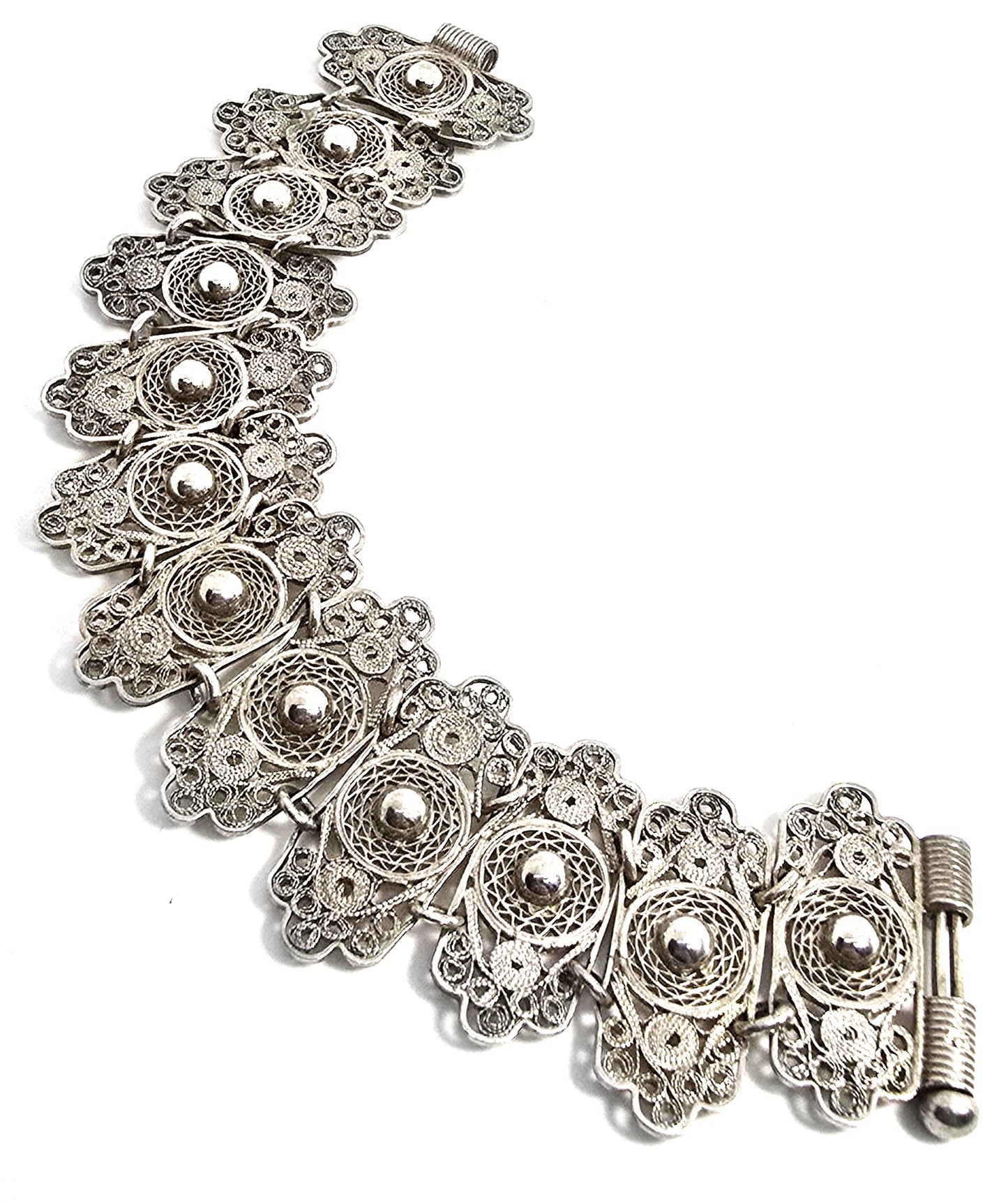 Mexican Antique filigree pin clasp thick sterling silver panel bracelet
