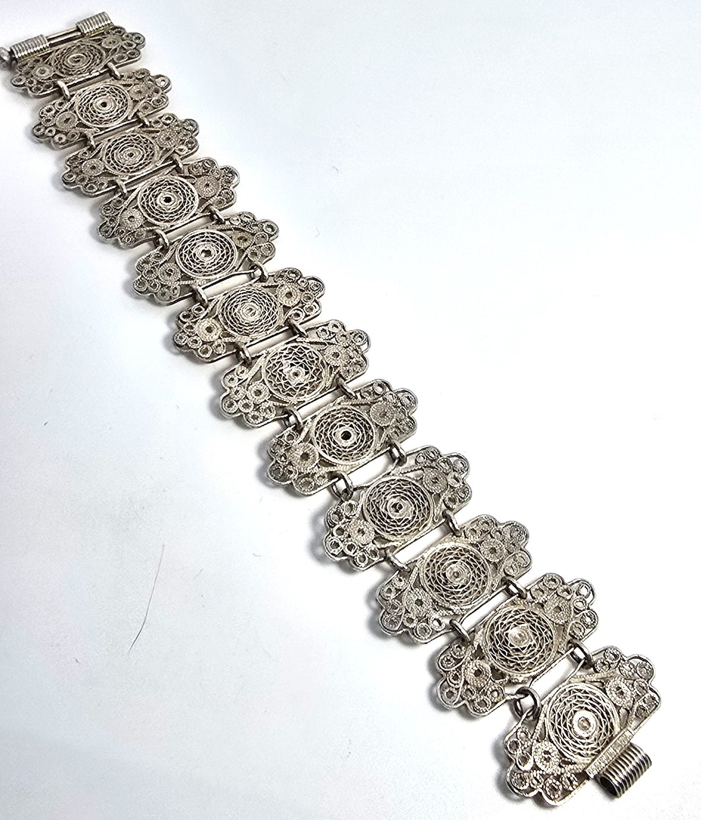 Mexican Antique filigree pin clasp thick sterling silver panel bracelet