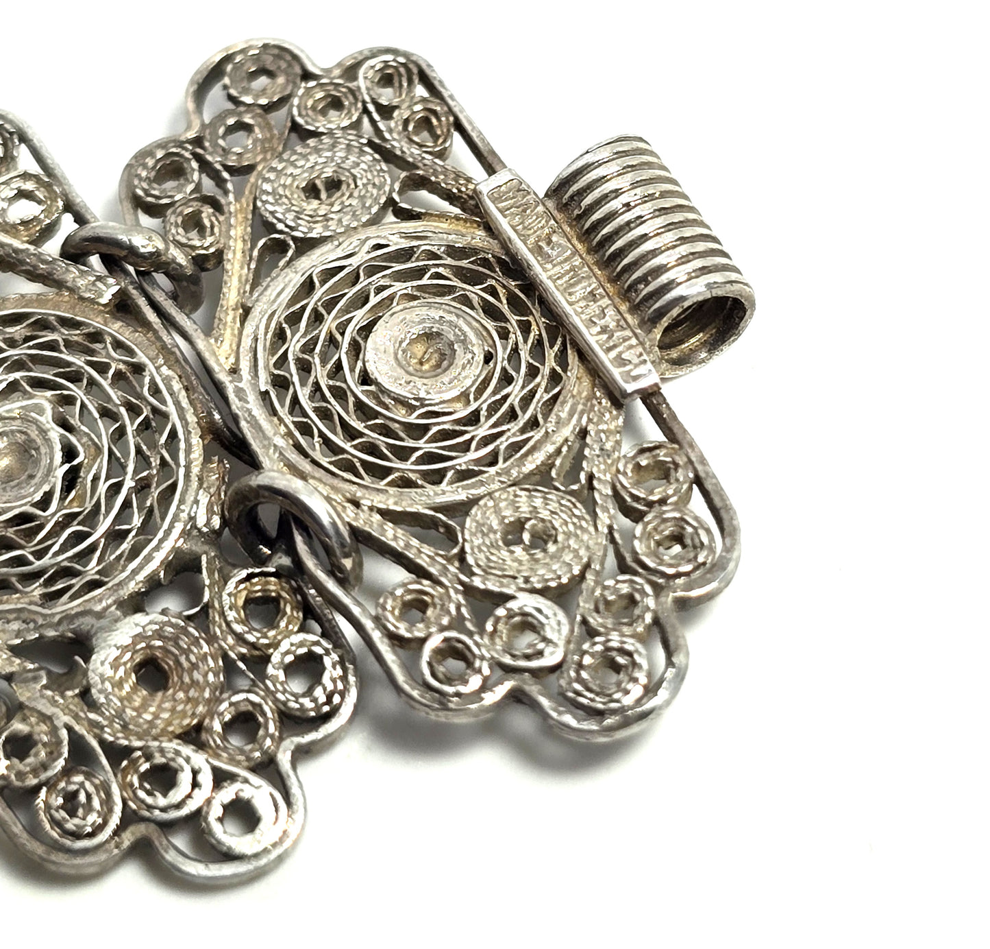 Mexican Antique filigree pin clasp thick sterling silver panel bracelet