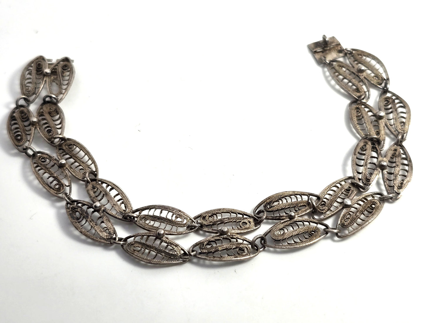 Mexican Antique filigree double leaf sterling silver panel bracelet