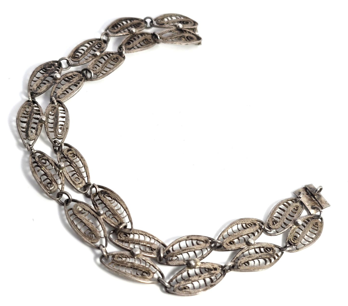 Mexican Antique filigree double leaf sterling silver panel bracelet