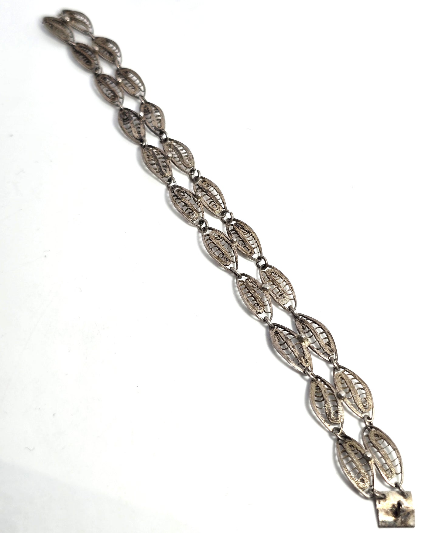Mexican Antique filigree double leaf sterling silver panel bracelet