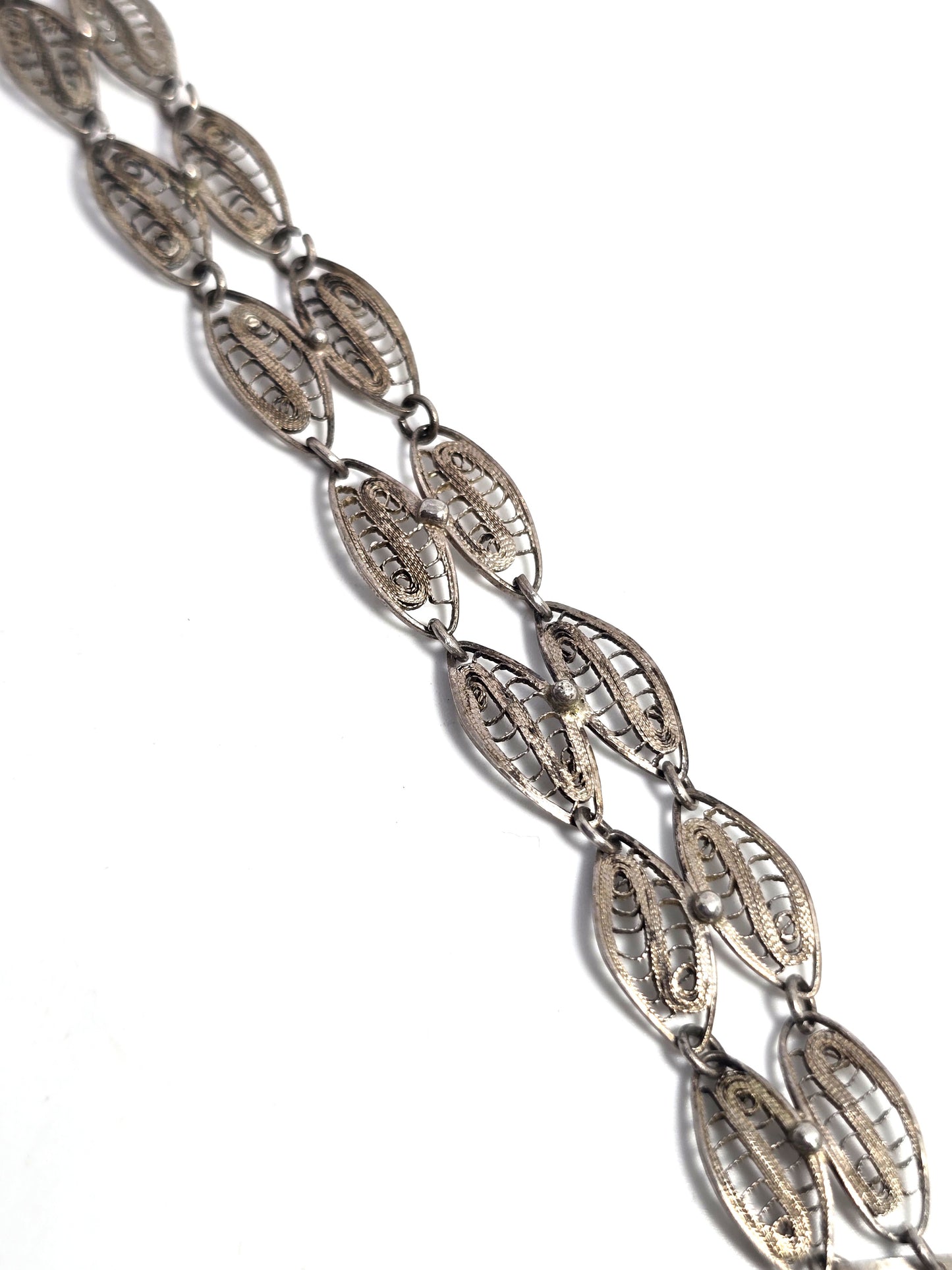 Mexican Antique filigree double leaf sterling silver panel bracelet
