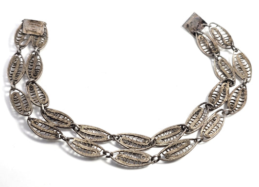 Mexican Antique filigree double leaf sterling silver panel bracelet