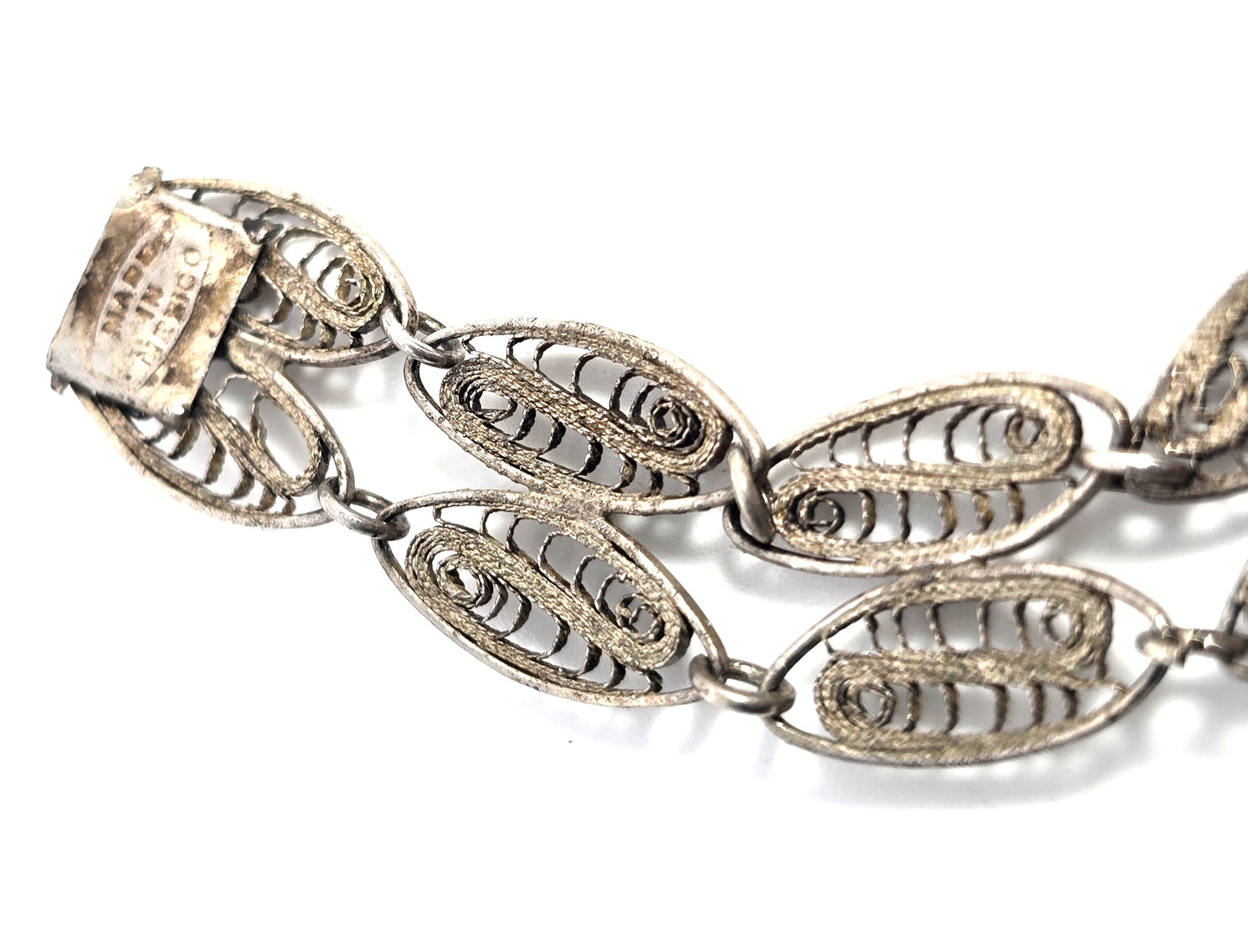 Mexican Antique filigree double leaf sterling silver panel bracelet