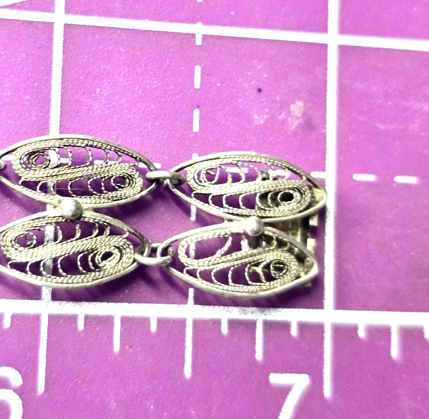Mexican Antique filigree double leaf sterling silver panel bracelet